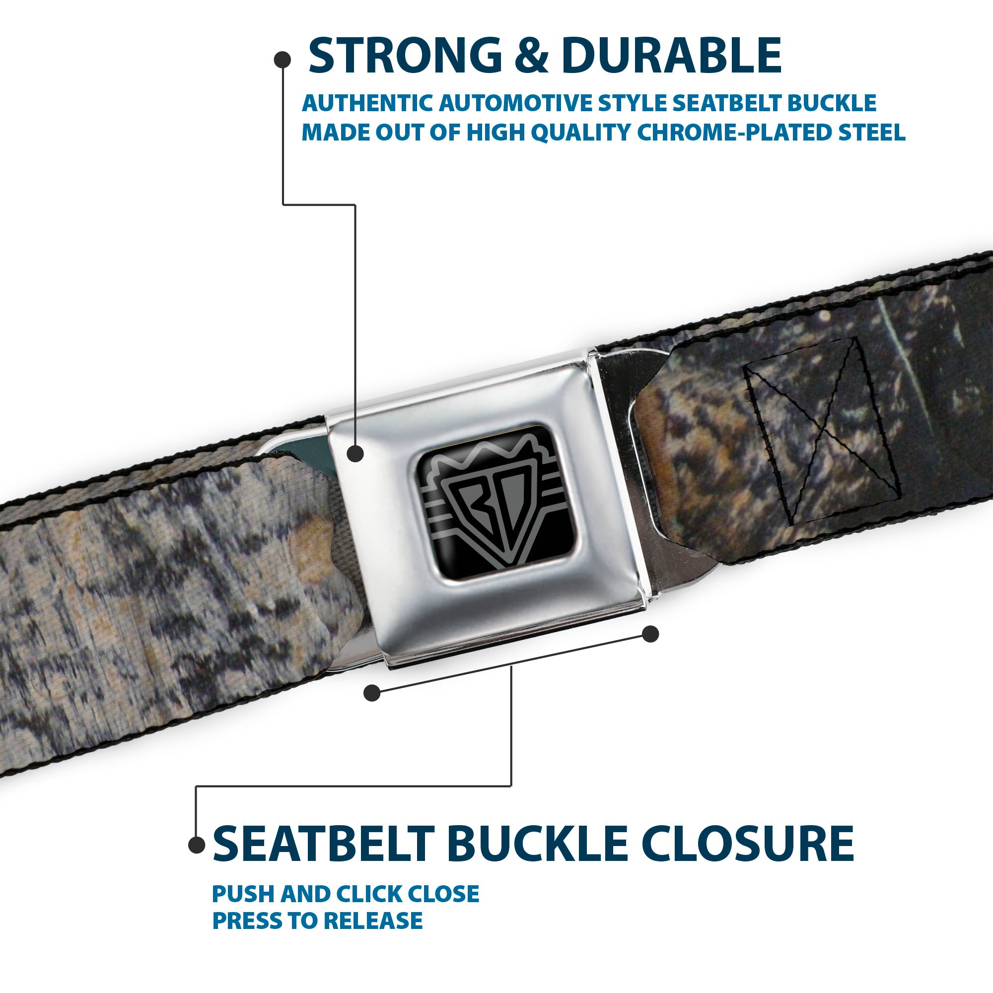 BD Wings Logo CLOSE-UP Full Color Black Silver Seatbelt Belt - Rustic Concrete Panels Webbing Seatbelt Belts Buckle-Down