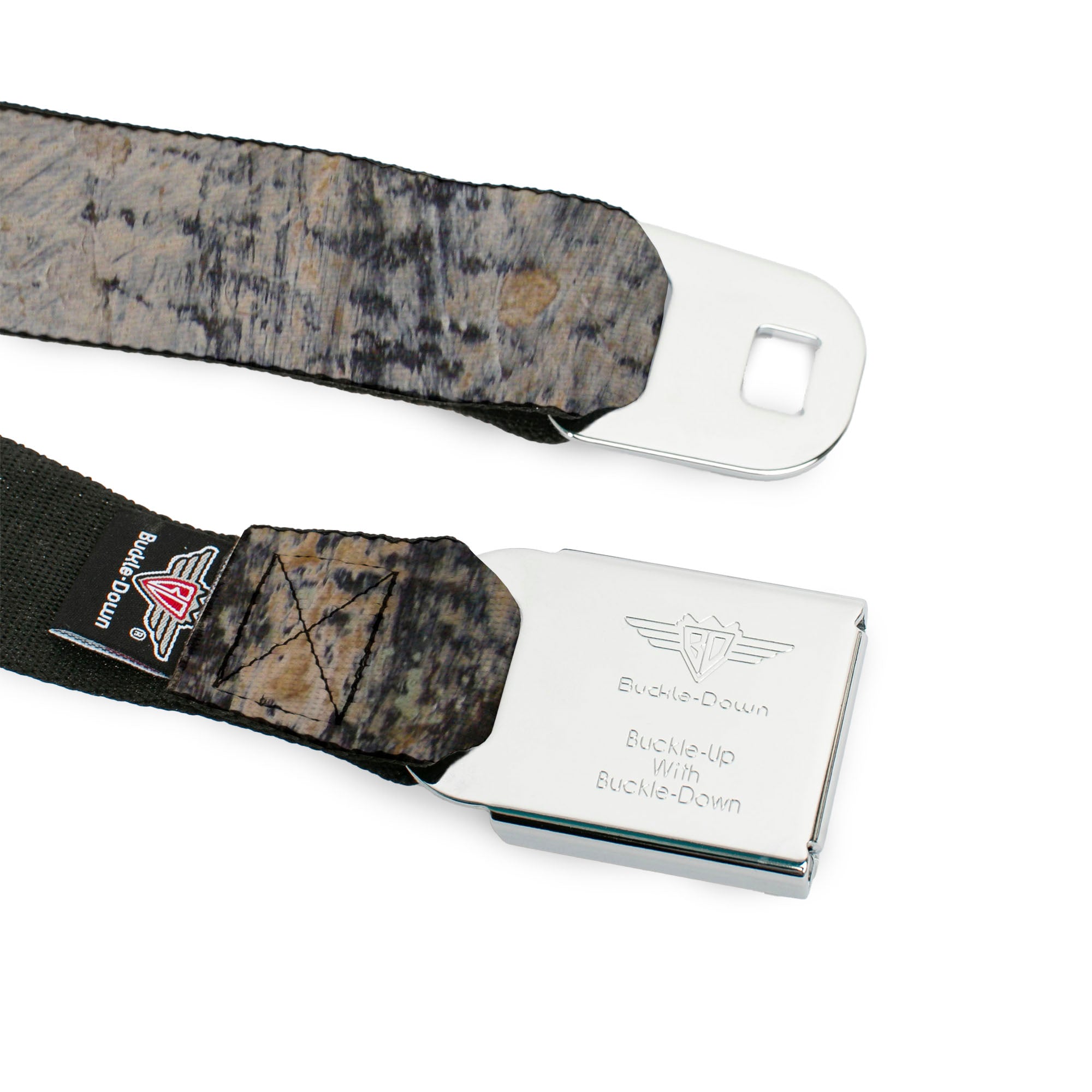 BD Wings Logo CLOSE-UP Full Color Black Silver Seatbelt Belt - Rustic Concrete Panels Webbing Seatbelt Belts Buckle-Down
