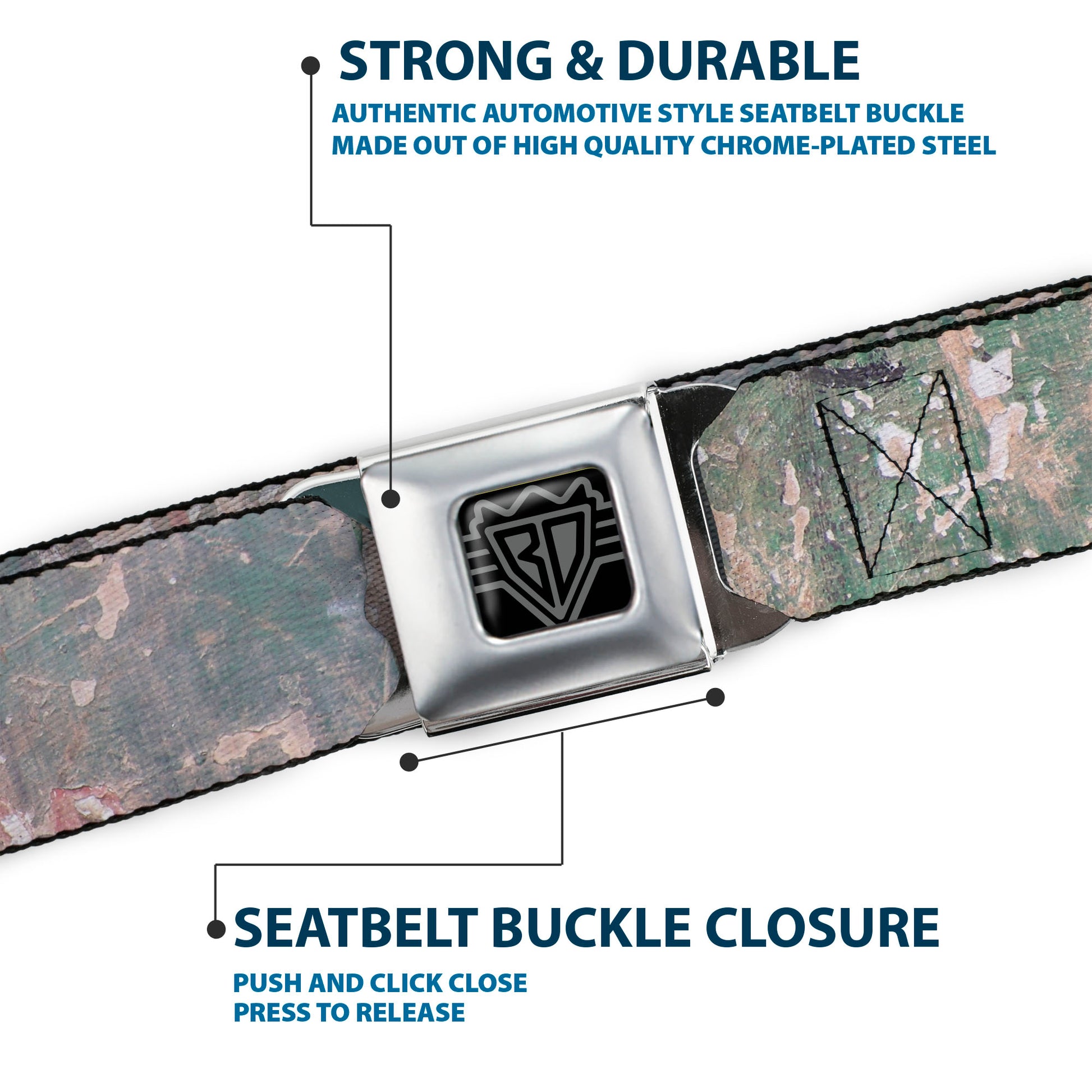 BD Wings Logo CLOSE-UP Full Color Black Silver Seatbelt Belt - Rustic Concrete Panels2 Webbing Seatbelt Belts Buckle-Down