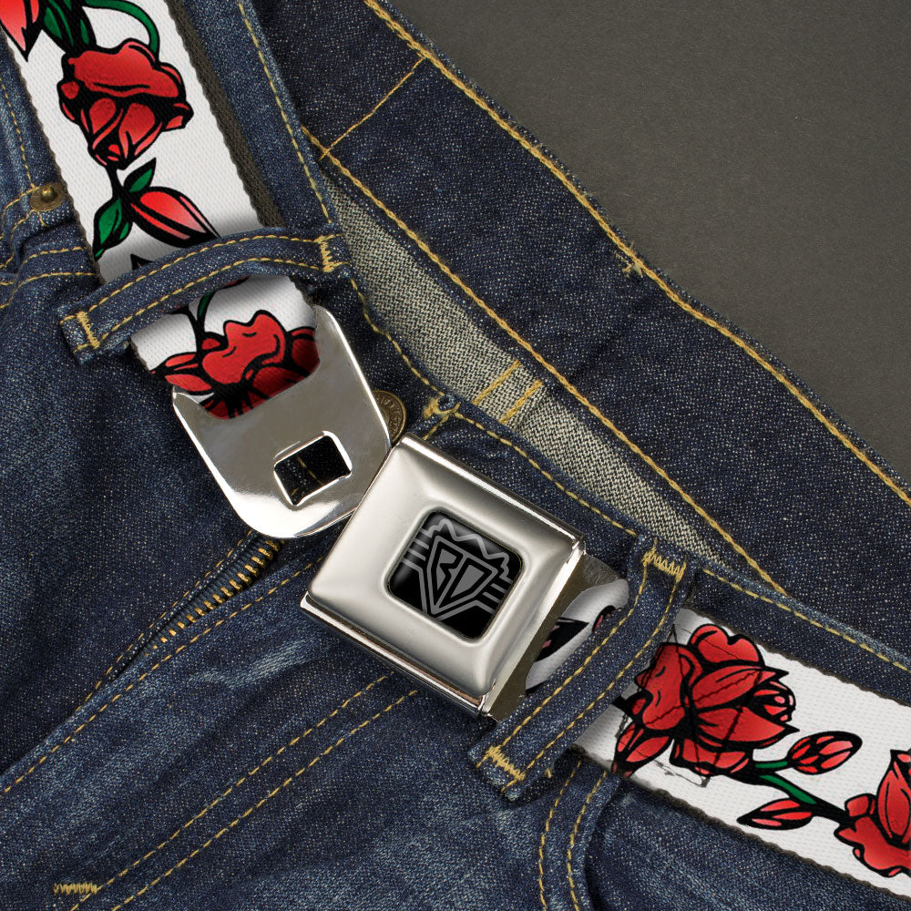 BD Wings Logo CLOSE-UP Black/Silver Seatbelt Belt - Red Rose Chain White Webbing Seatbelt Belts Buckle-Down