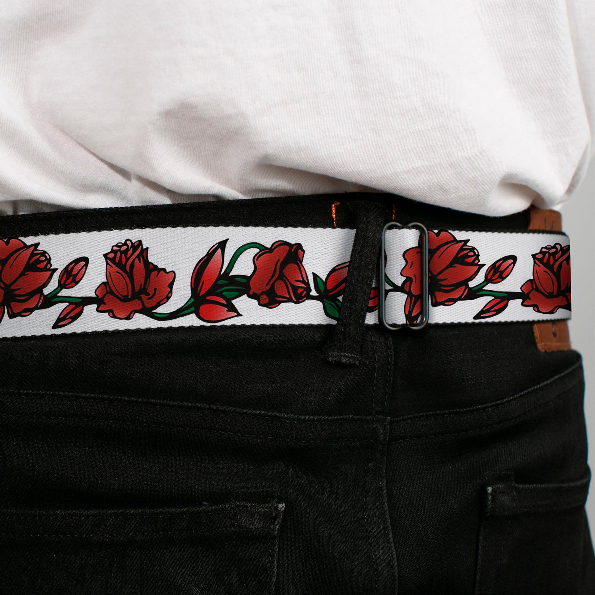 BD Wings Logo CLOSE-UP Black/Silver Seatbelt Belt - Red Rose Chain White Webbing Seatbelt Belts Buckle-Down