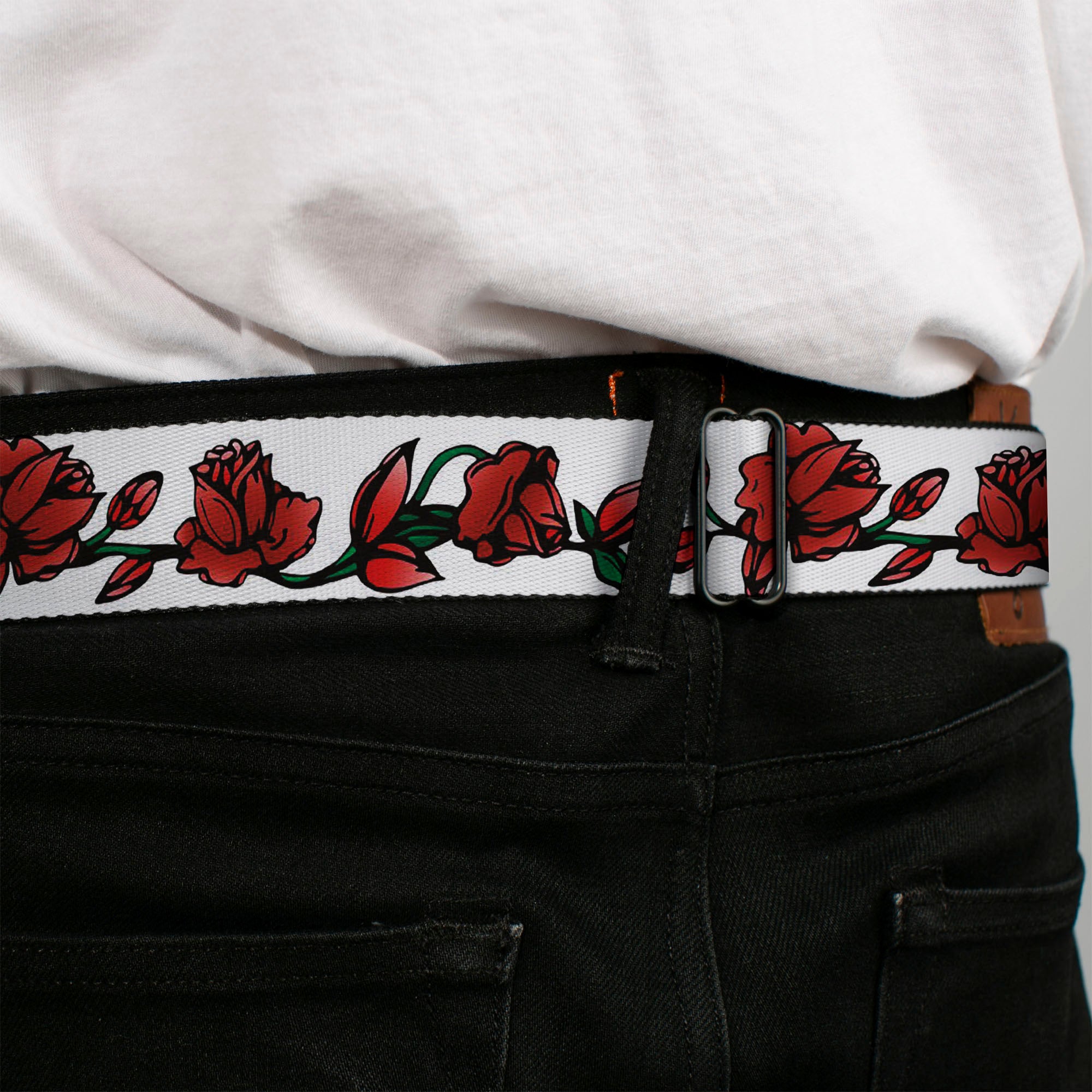 BD Wings Logo CLOSE-UP Black/Silver Seatbelt Belt - Red Rose Chain White Webbing Seatbelt Belts Buckle-Down