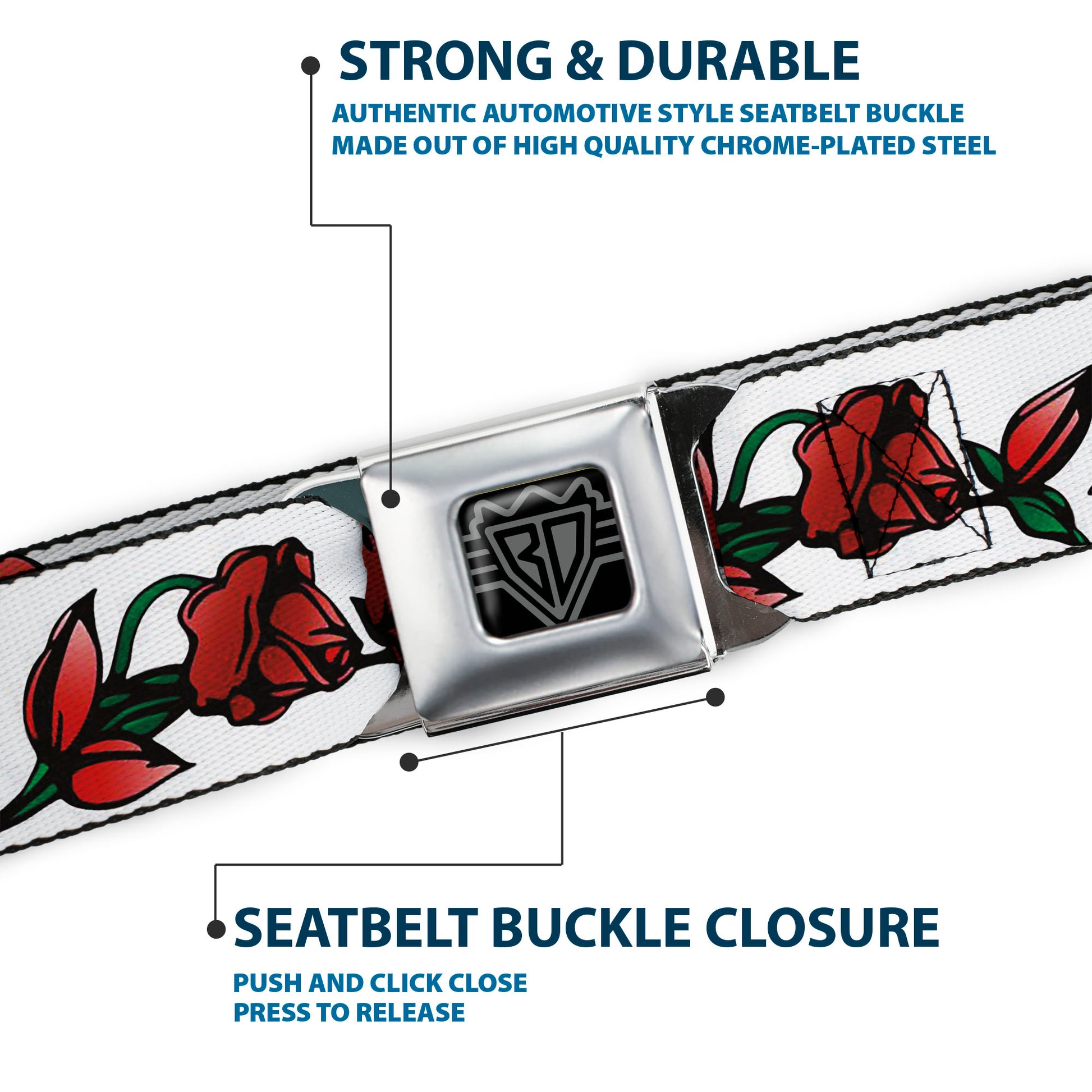 BD Wings Logo CLOSE-UP Black/Silver Seatbelt Belt - Red Rose Chain White Webbing Seatbelt Belts Buckle-Down