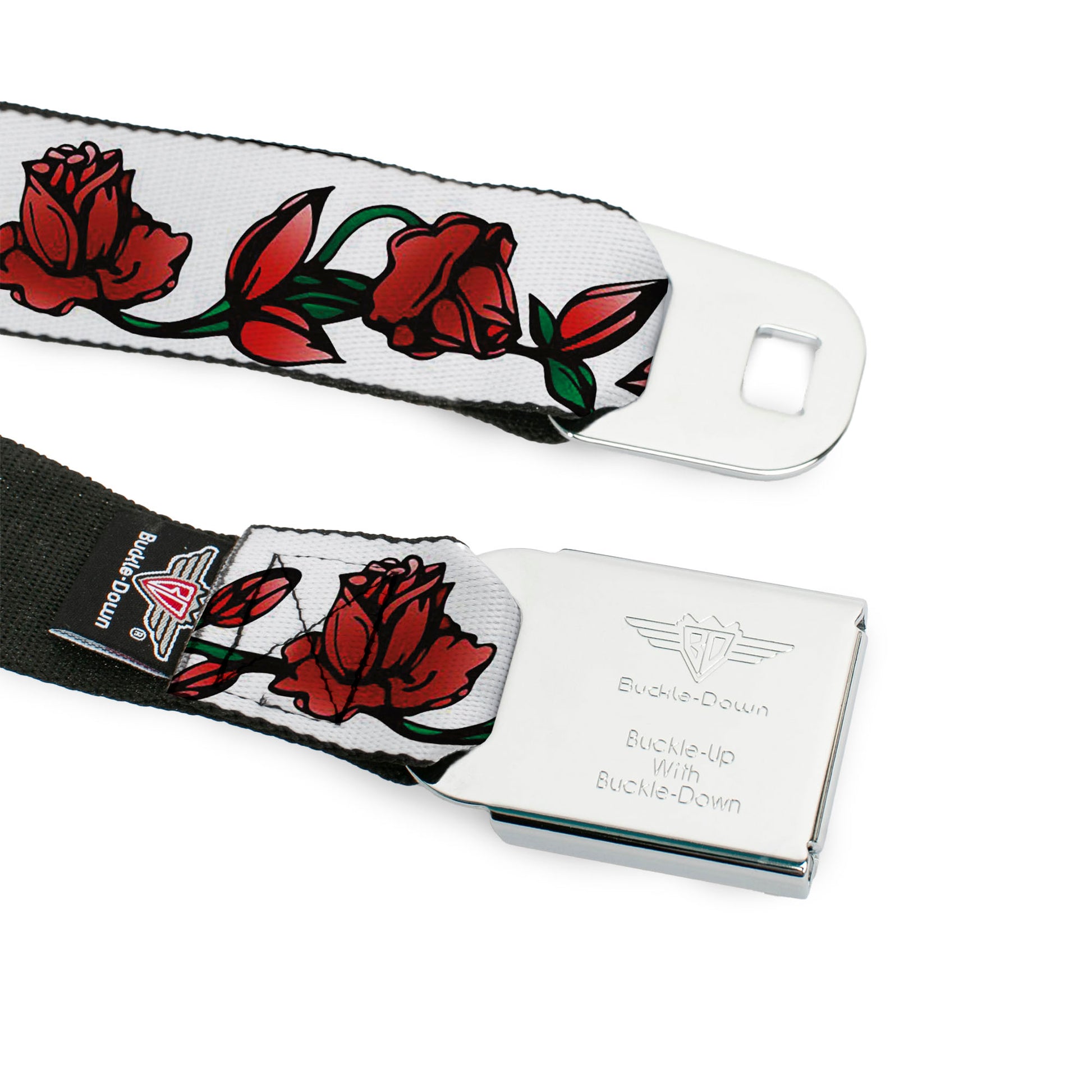 BD Wings Logo CLOSE-UP Black/Silver Seatbelt Belt - Red Rose Chain White Webbing Seatbelt Belts Buckle-Down