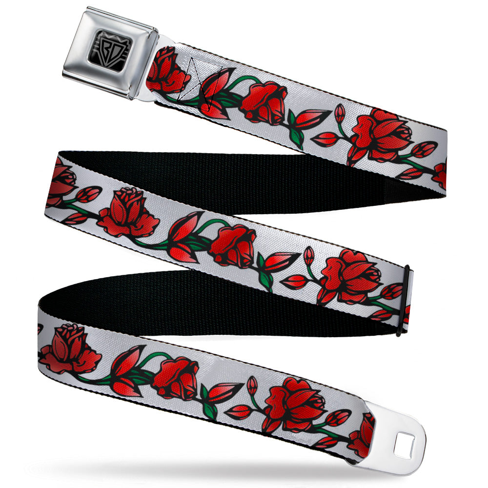 BD Wings Logo CLOSE-UP Black/Silver Seatbelt Belt - Red Rose Chain White Webbing Seatbelt Belts Buckle-Down