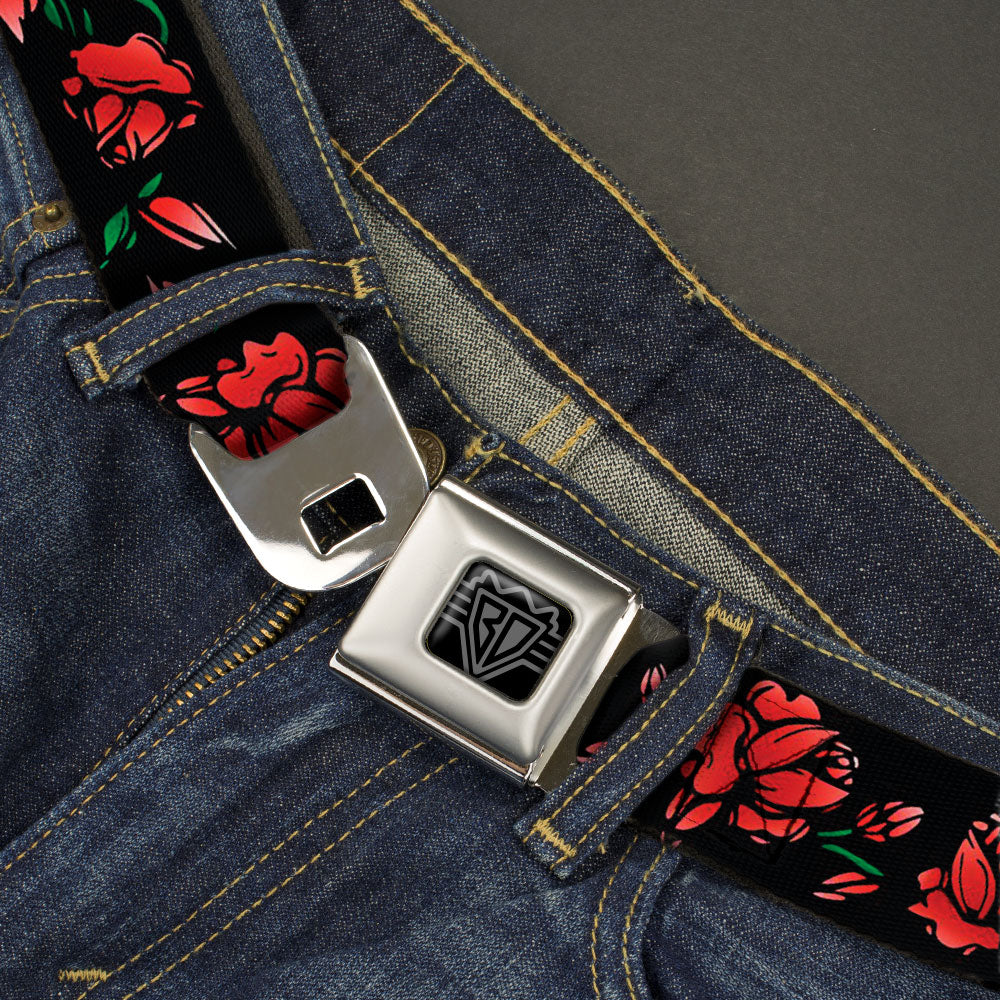 BD Wings Logo CLOSE-UP Black/Silver Seatbelt Belt - Red Rose Chain Black Webbing Seatbelt Belts Buckle-Down