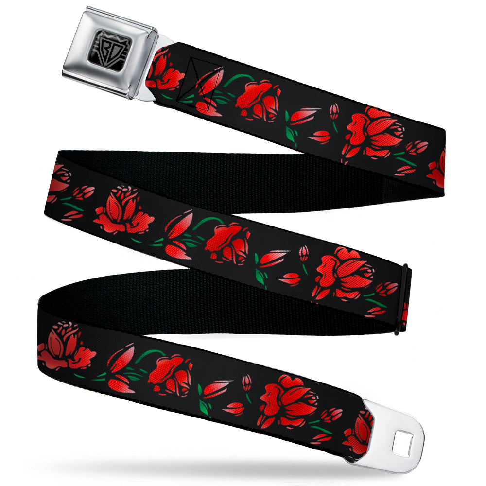 BD Wings Logo CLOSE-UP Black/Silver Seatbelt Belt - Red Rose Chain Black Webbing Seatbelt Belts Buckle-Down