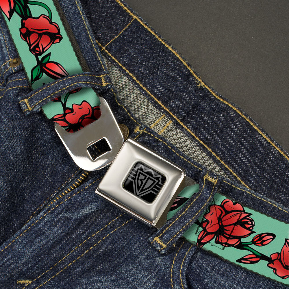 BD Wings Logo CLOSE-UP Black/Silver Seatbelt Belt - Red Rose Chain Green Webbing Seatbelt Belts Buckle-Down