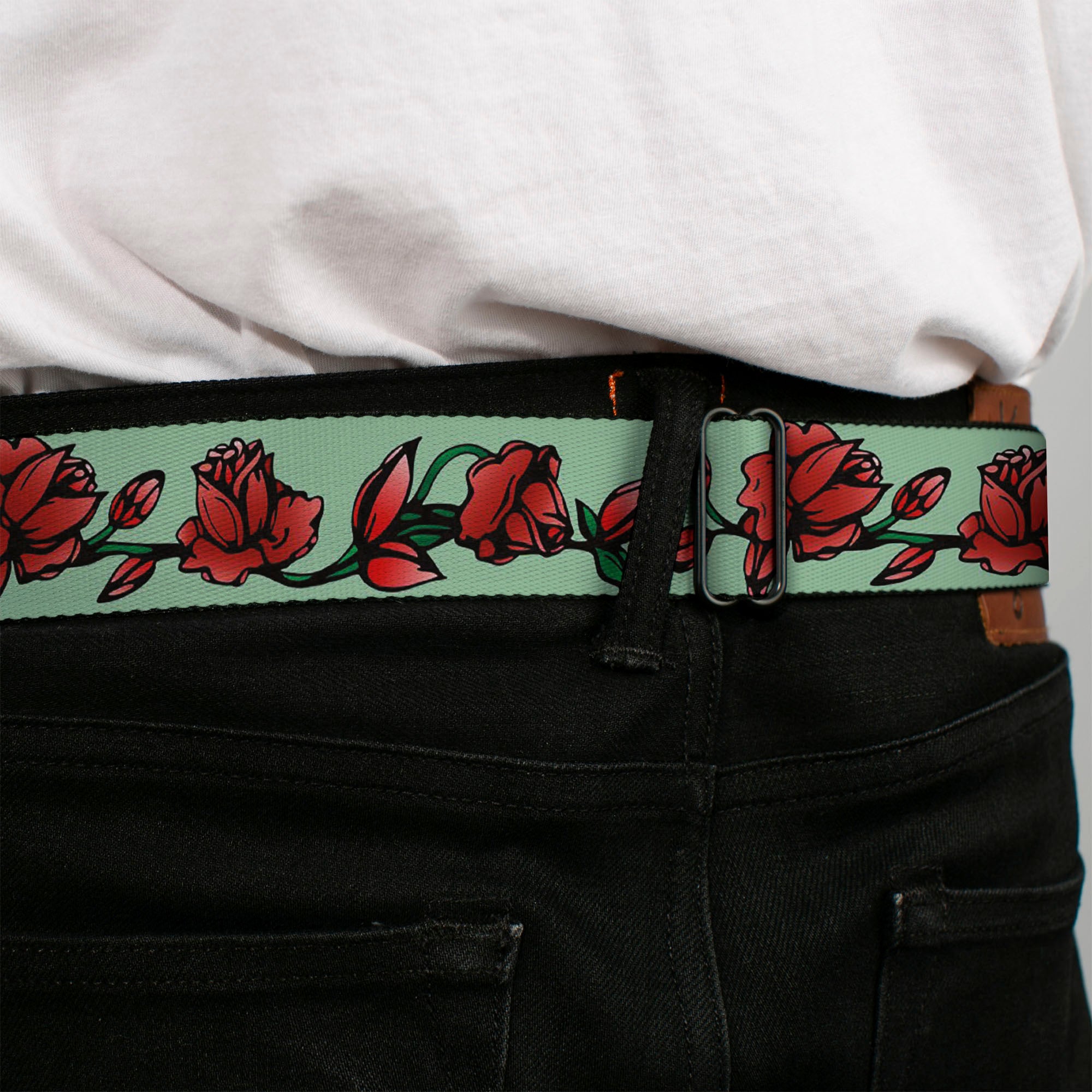BD Wings Logo CLOSE-UP Black/Silver Seatbelt Belt - Red Rose Chain Green Webbing Seatbelt Belts Buckle-Down