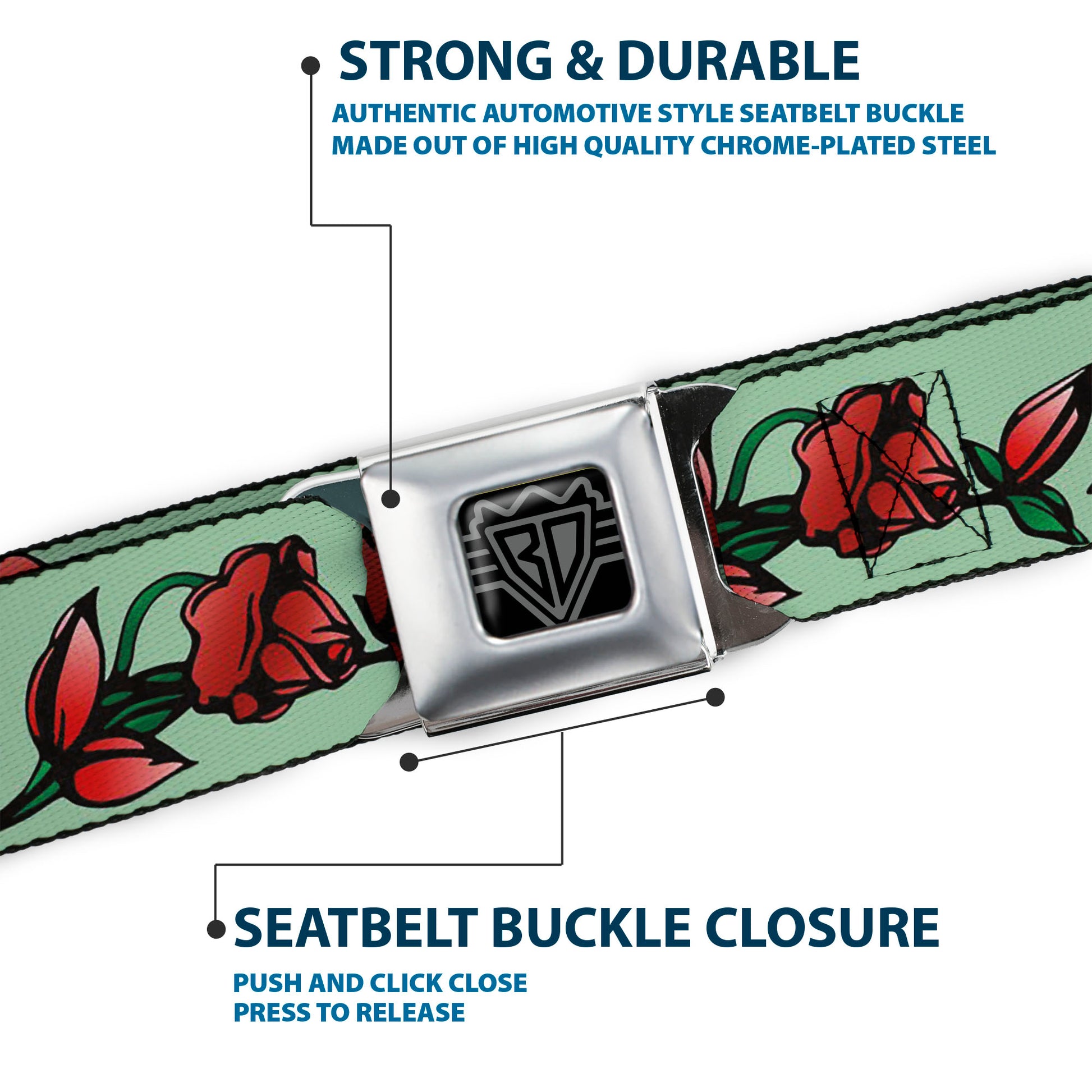 BD Wings Logo CLOSE-UP Black/Silver Seatbelt Belt - Red Rose Chain Green Webbing Seatbelt Belts Buckle-Down
