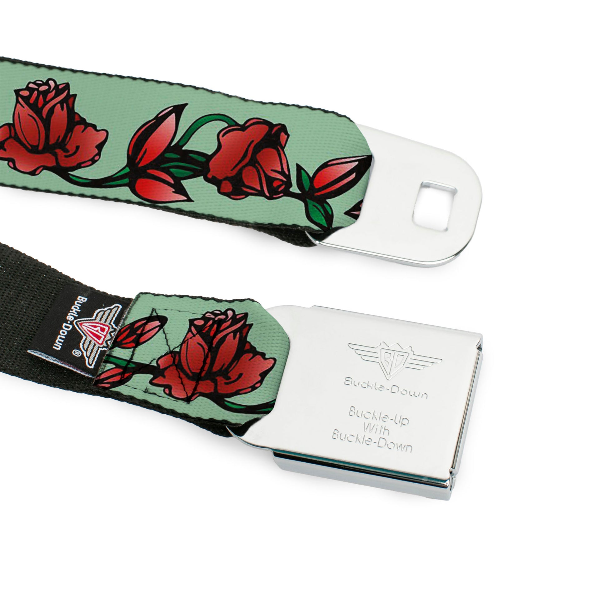 BD Wings Logo CLOSE-UP Black/Silver Seatbelt Belt - Red Rose Chain Green Webbing Seatbelt Belts Buckle-Down