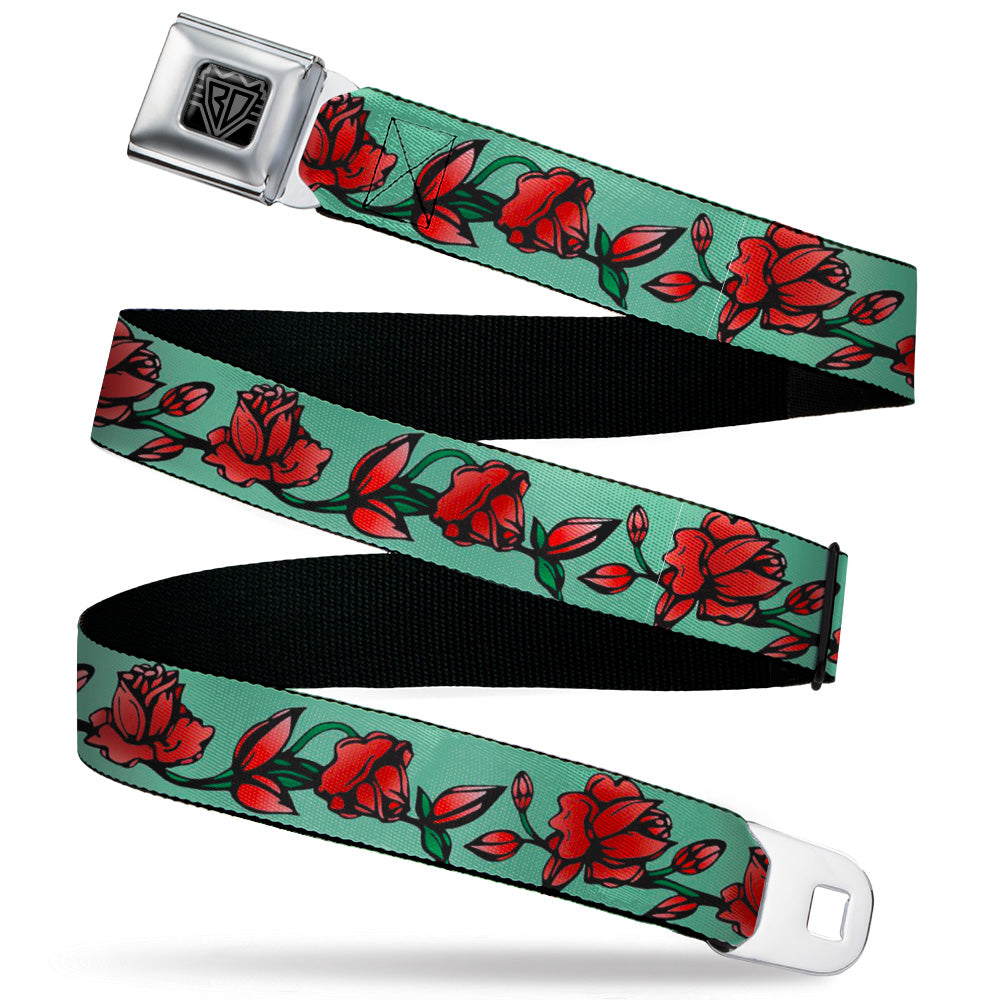 BD Wings Logo CLOSE-UP Black/Silver Seatbelt Belt - Red Rose Chain Green Webbing Seatbelt Belts Buckle-Down