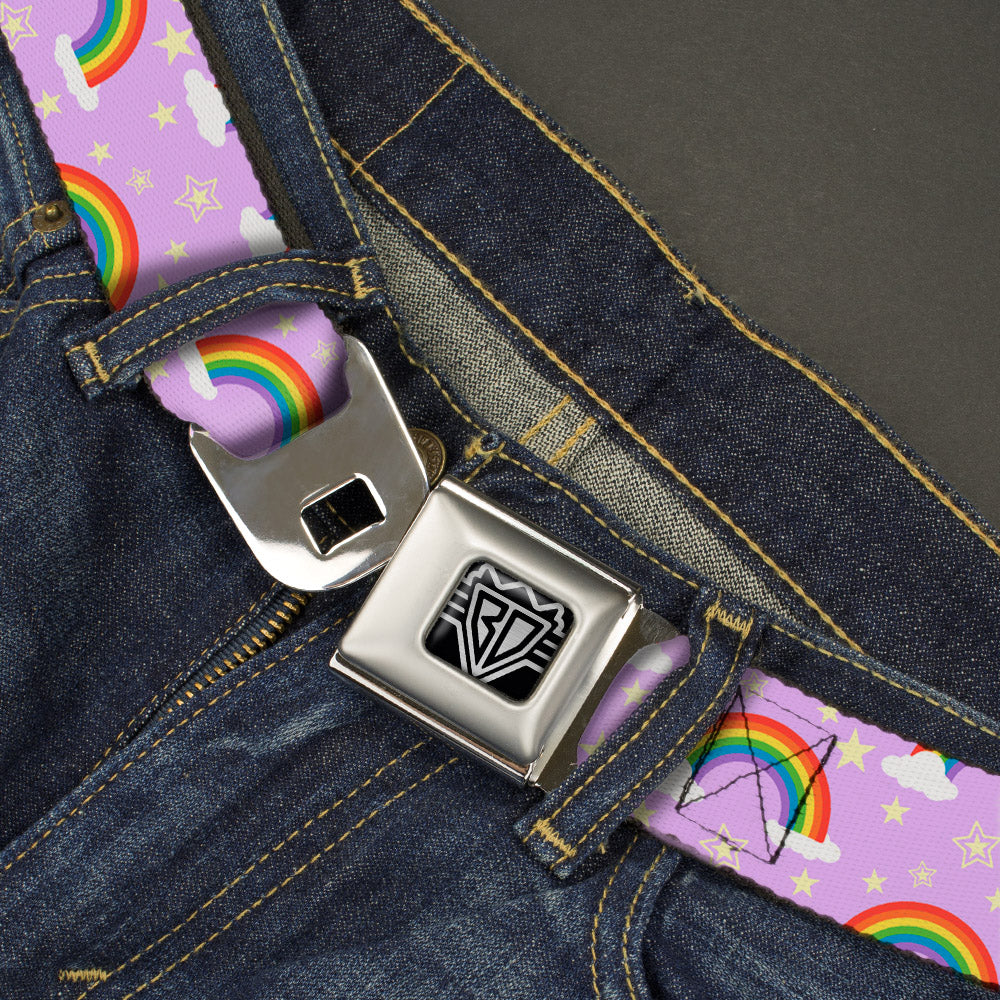 BD Wings Logo CLOSE-UP Full Color Black Silver Seatbelt Belt - Rainbows & Stars Scattered Lavender Webbing Seatbelt Belts Buckle-Down