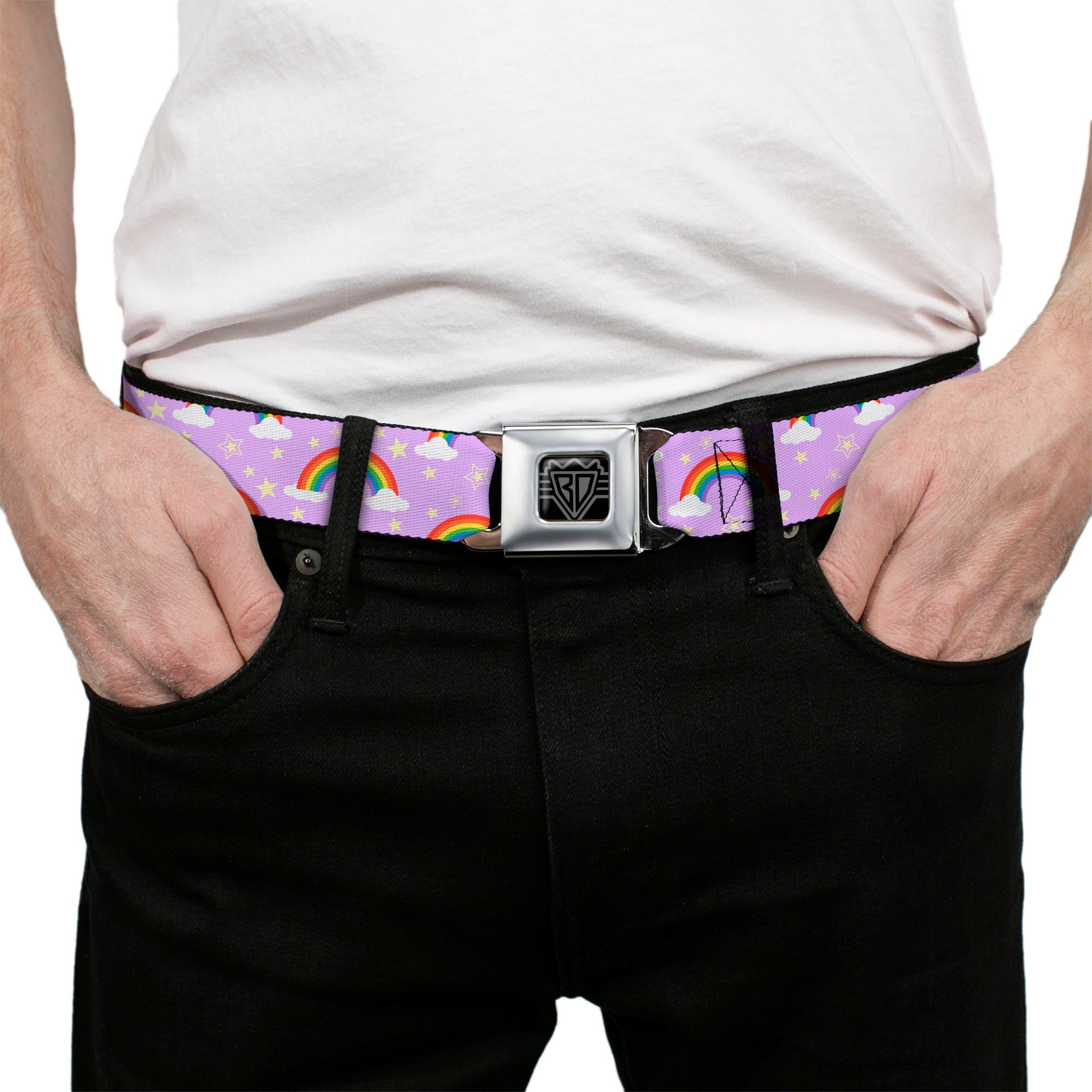 BD Wings Logo CLOSE-UP Full Color Black Silver Seatbelt Belt - Rainbows & Stars Scattered Lavender Webbing Seatbelt Belts Buckle-Down