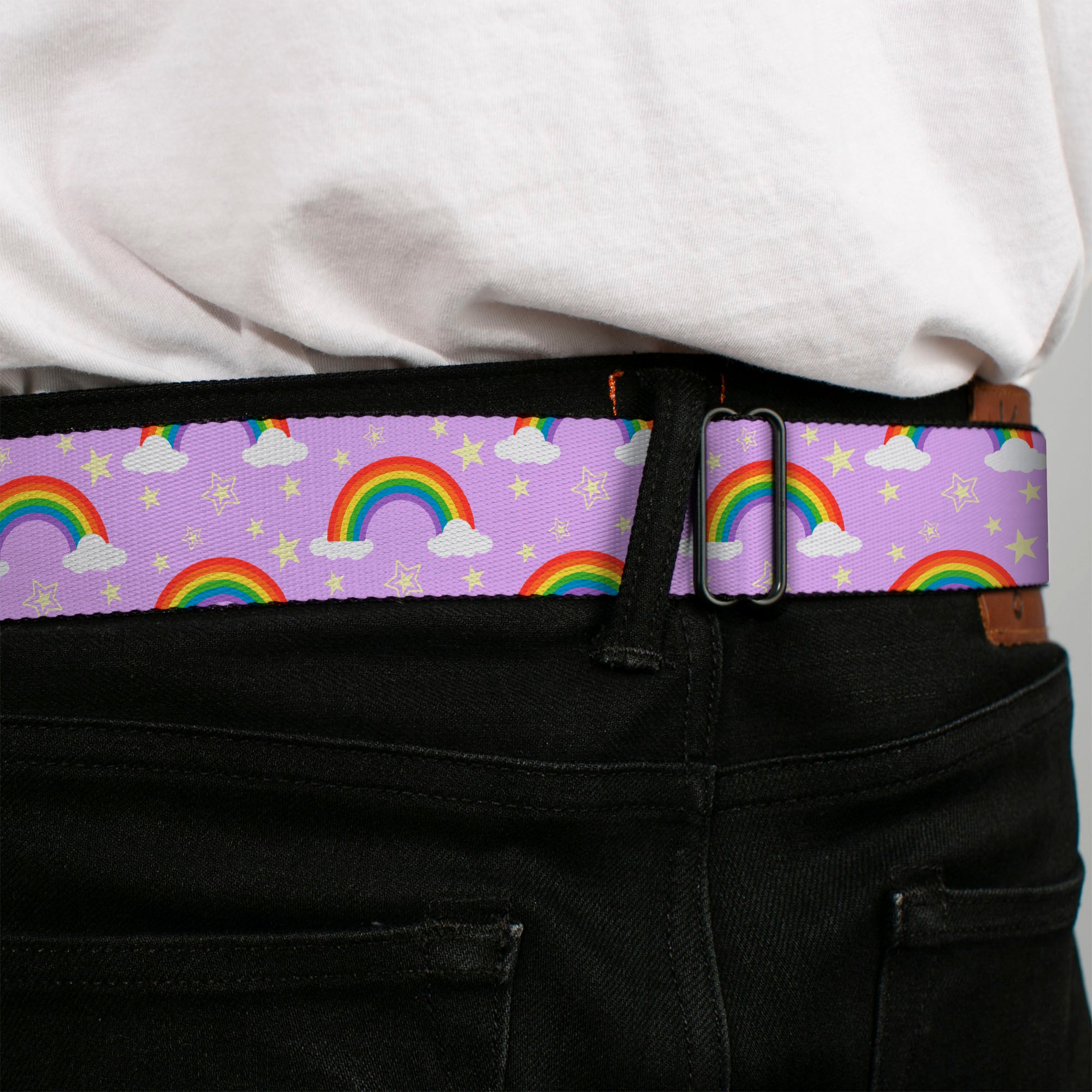 BD Wings Logo CLOSE-UP Full Color Black Silver Seatbelt Belt - Rainbows & Stars Scattered Lavender Webbing Seatbelt Belts Buckle-Down
