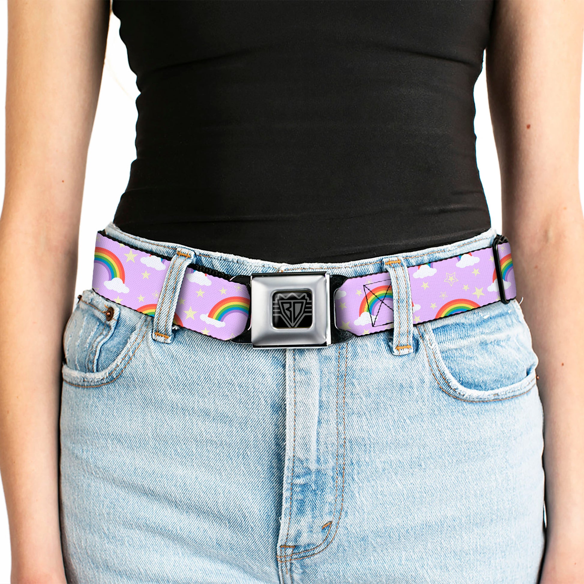 BD Wings Logo CLOSE-UP Full Color Black Silver Seatbelt Belt - Rainbows & Stars Scattered Lavender Webbing Seatbelt Belts Buckle-Down