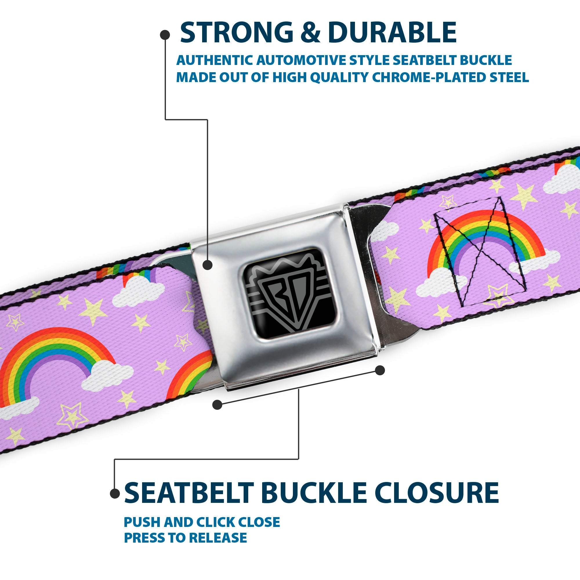 BD Wings Logo CLOSE-UP Full Color Black Silver Seatbelt Belt - Rainbows & Stars Scattered Lavender Webbing Seatbelt Belts Buckle-Down