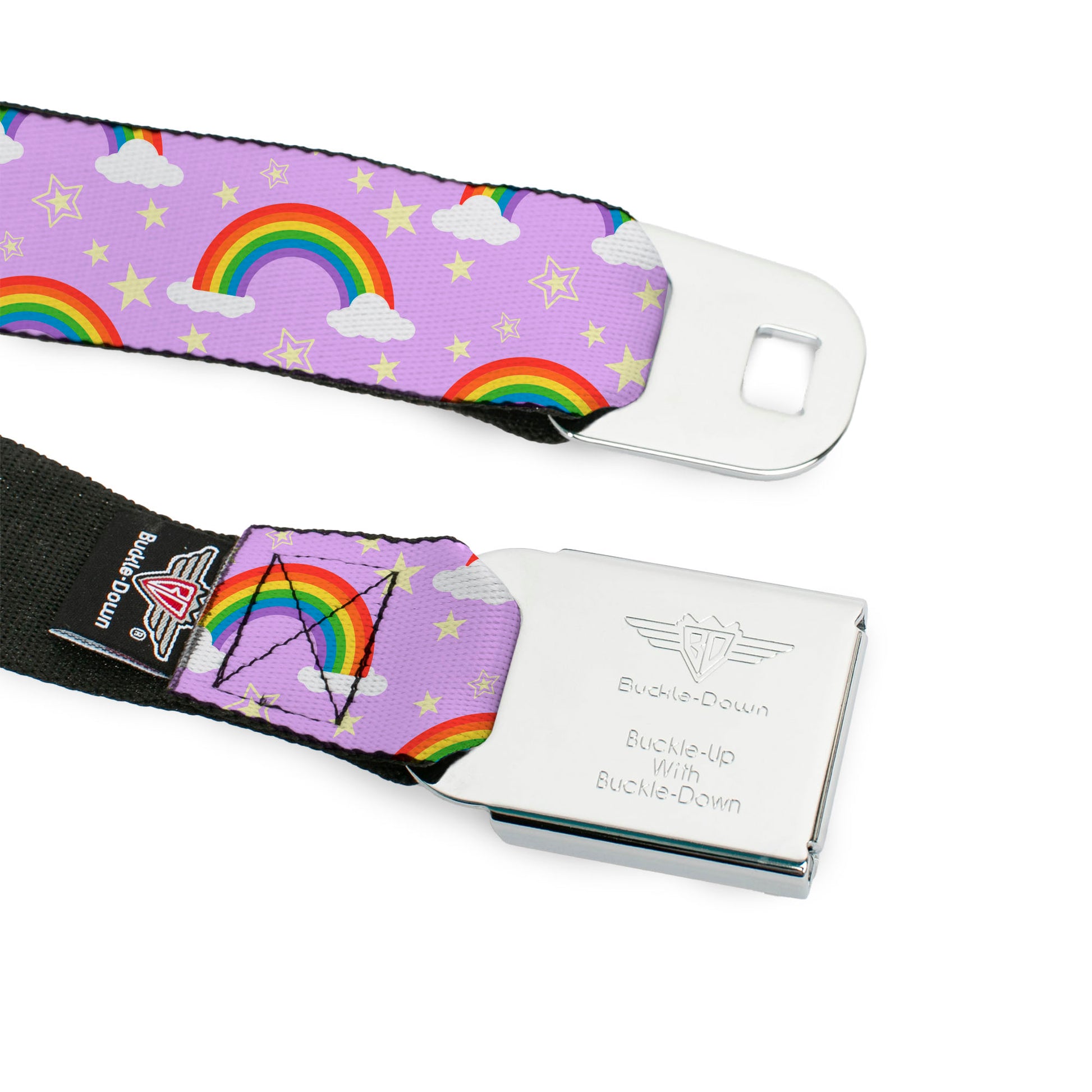 BD Wings Logo CLOSE-UP Full Color Black Silver Seatbelt Belt - Rainbows & Stars Scattered Lavender Webbing Seatbelt Belts Buckle-Down