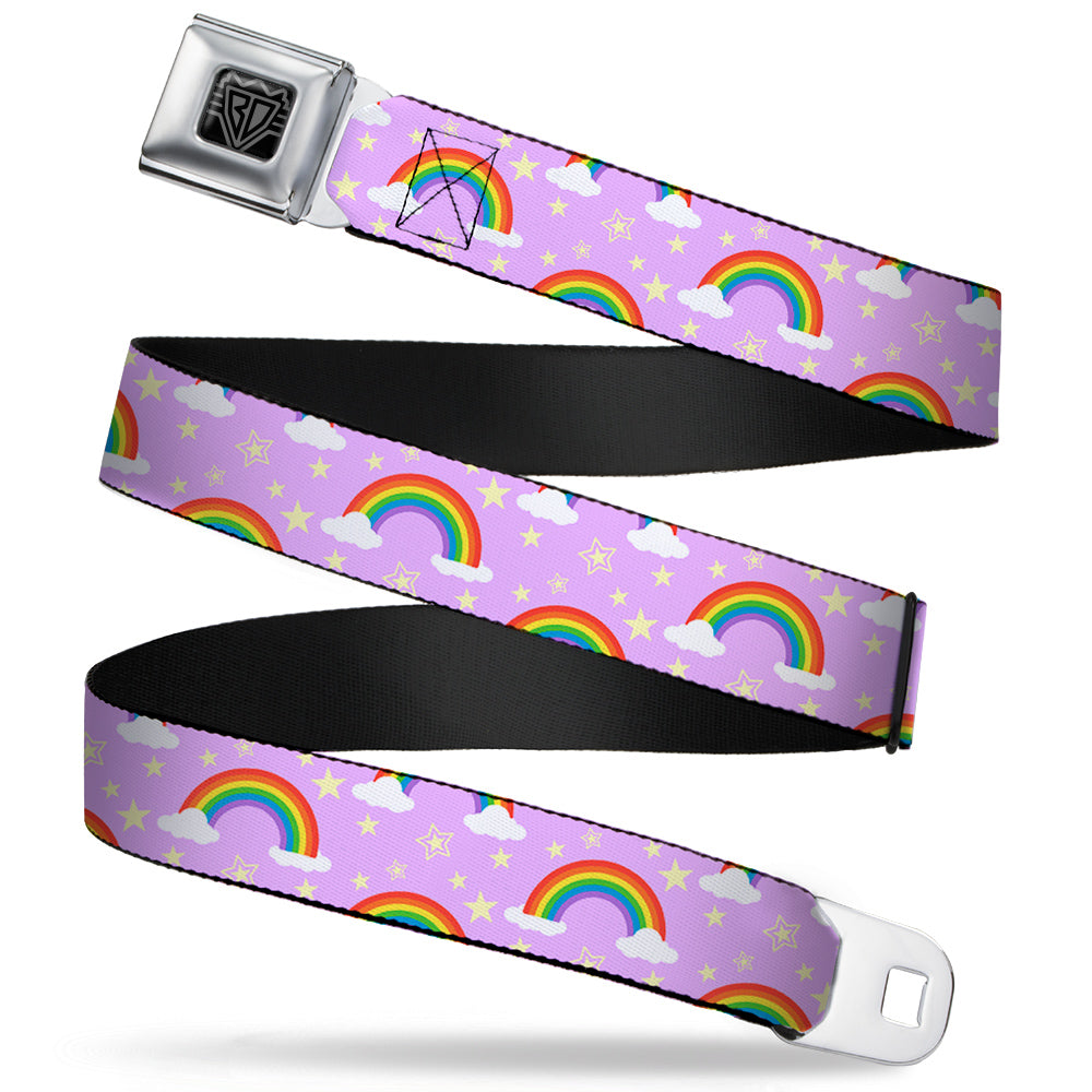 BD Wings Logo CLOSE-UP Full Color Black Silver Seatbelt Belt - Rainbows & Stars Scattered Lavender Webbing Seatbelt Belts Buckle-Down