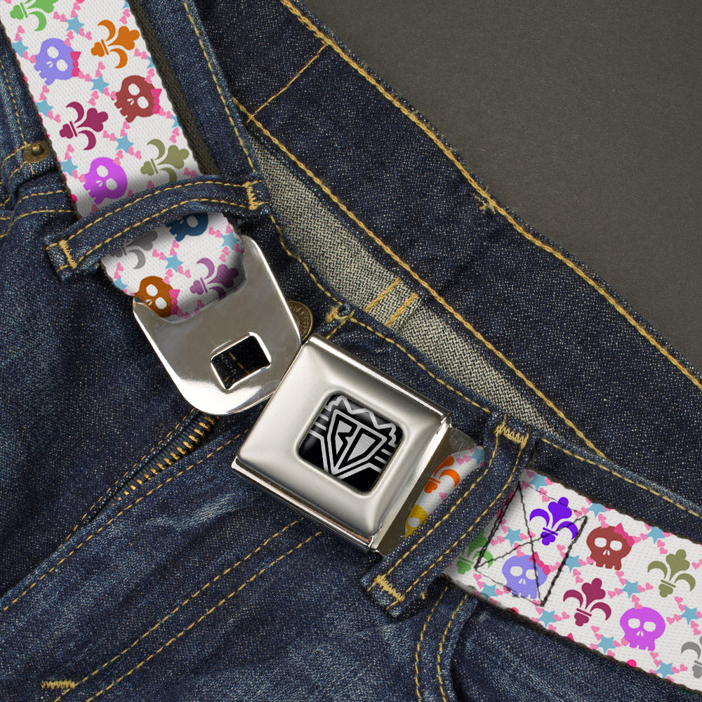 BD Wings Logo CLOSE-UP Full Color Black Silver Seatbelt Belt - Skull & Fleur-de-Lis White/Multi Color Webbing Seatbelt Belts Buckle-Down