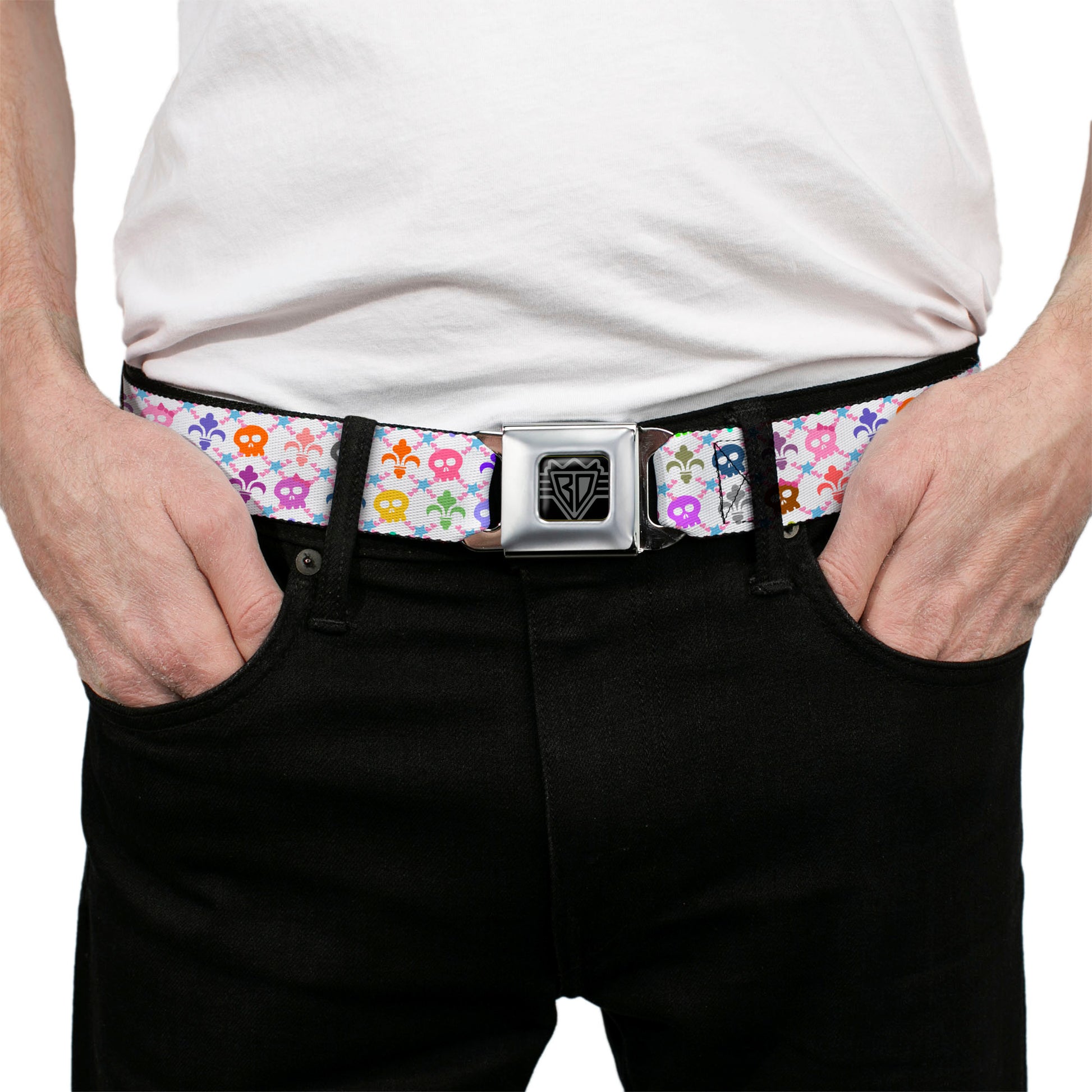 BD Wings Logo CLOSE-UP Full Color Black Silver Seatbelt Belt - Skull & Fleur-de-Lis White/Multi Color Webbing Seatbelt Belts Buckle-Down