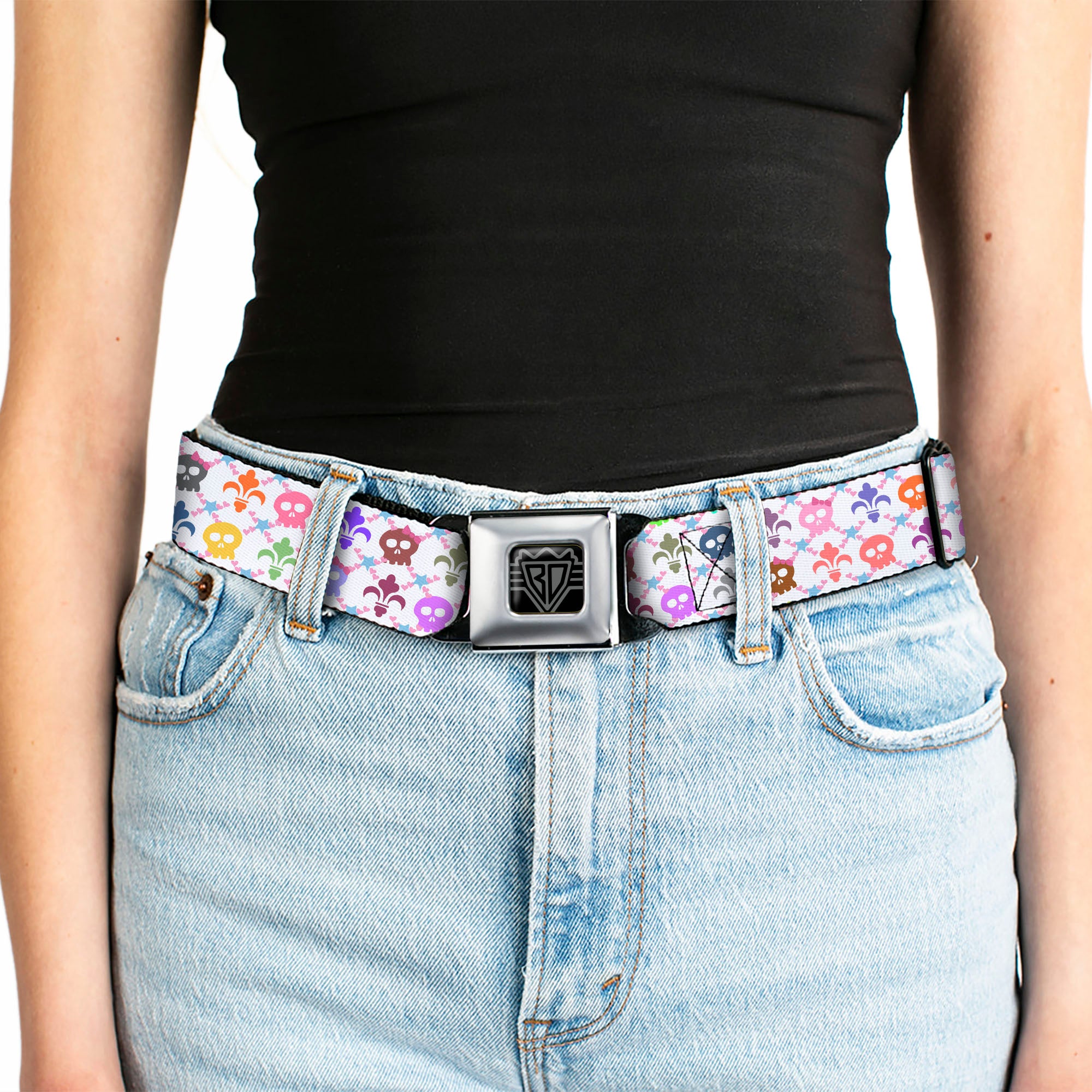 BD Wings Logo CLOSE-UP Full Color Black Silver Seatbelt Belt - Skull & Fleur-de-Lis White/Multi Color Webbing Seatbelt Belts Buckle-Down