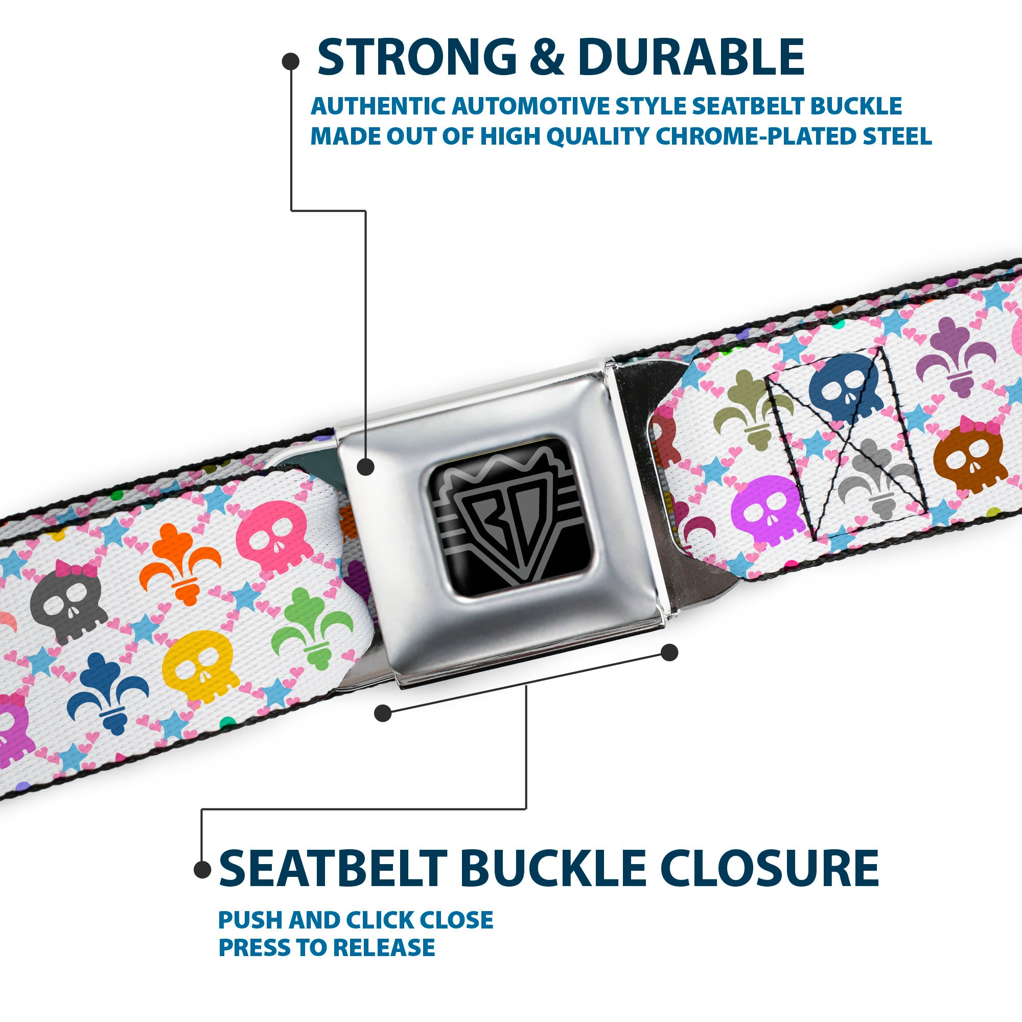 BD Wings Logo CLOSE-UP Full Color Black Silver Seatbelt Belt - Skull & Fleur-de-Lis White/Multi Color Webbing Seatbelt Belts Buckle-Down
