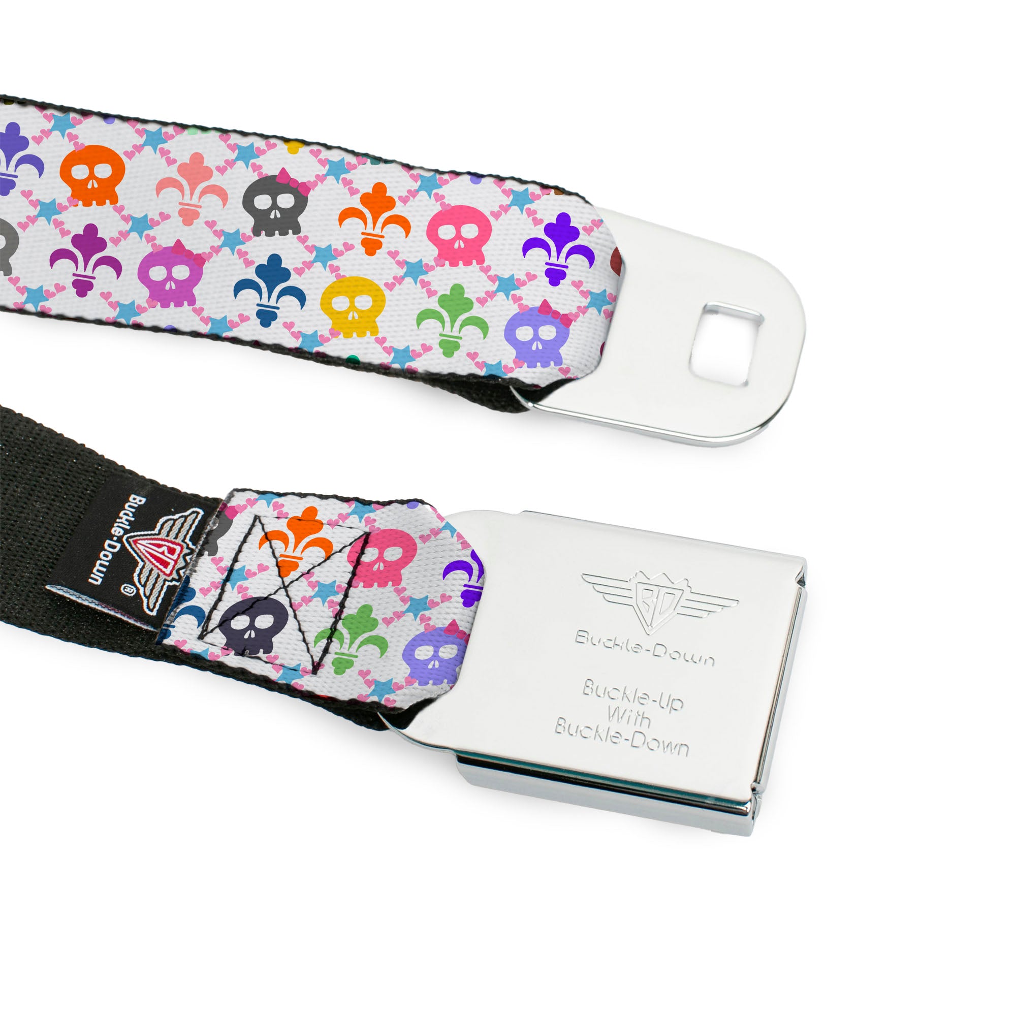 BD Wings Logo CLOSE-UP Full Color Black Silver Seatbelt Belt - Skull & Fleur-de-Lis White/Multi Color Webbing Seatbelt Belts Buckle-Down