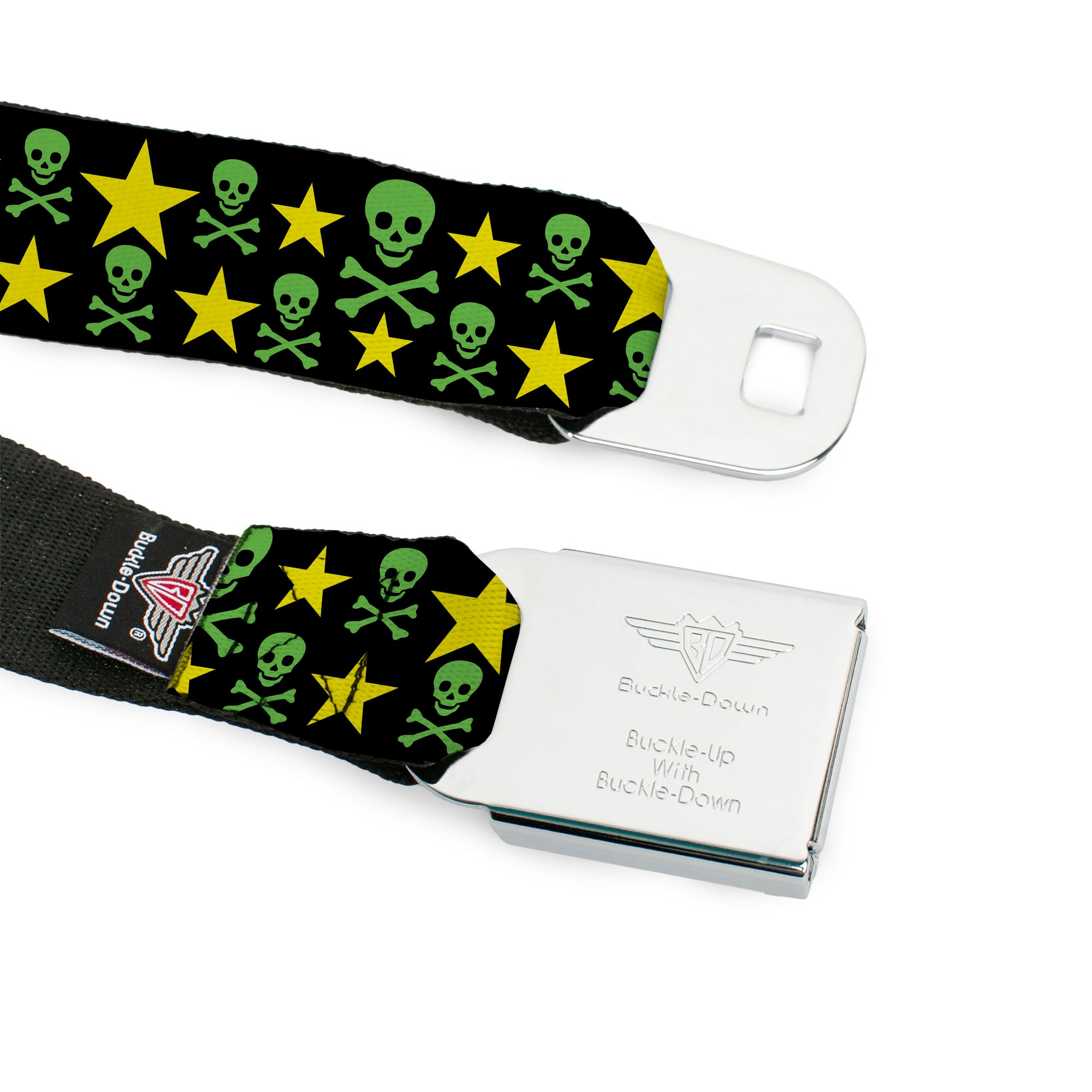 BD Wings Logo CLOSE-UP Full Color Black Silver Seatbelt Belt - Skulls & Stars Black/Green/Yellow Webbing Seatbelt Belts Buckle-Down