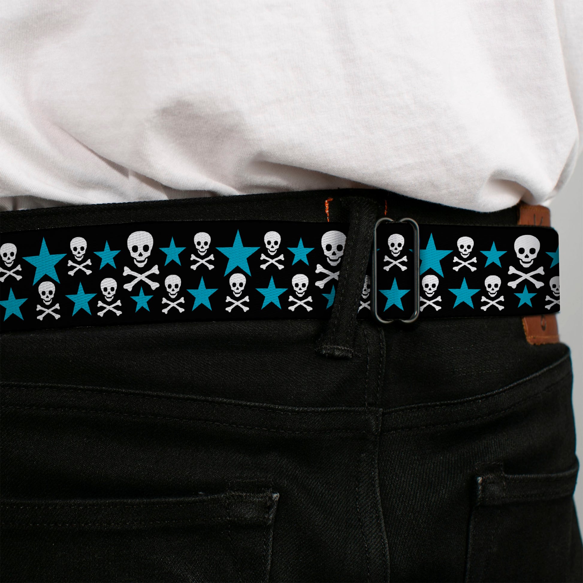 BD Wings Logo CLOSE-UP Full Color Black Silver Seatbelt Belt - Skulls & Stars Black/White/Blue Webbing Seatbelt Belts Buckle-Down