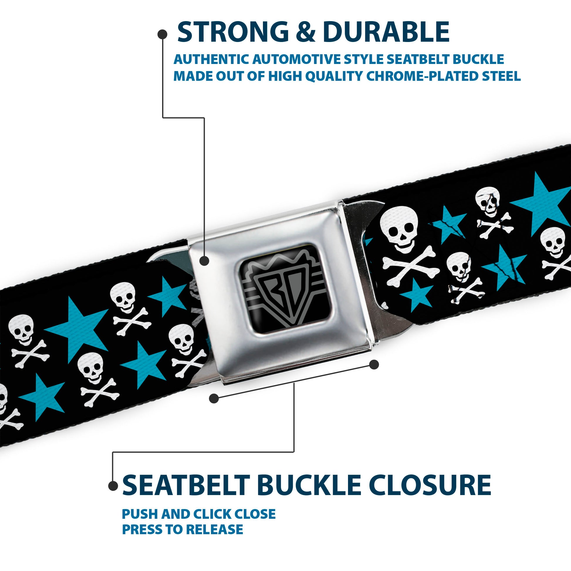 BD Wings Logo CLOSE-UP Full Color Black Silver Seatbelt Belt - Skulls & Stars Black/White/Blue Webbing Seatbelt Belts Buckle-Down