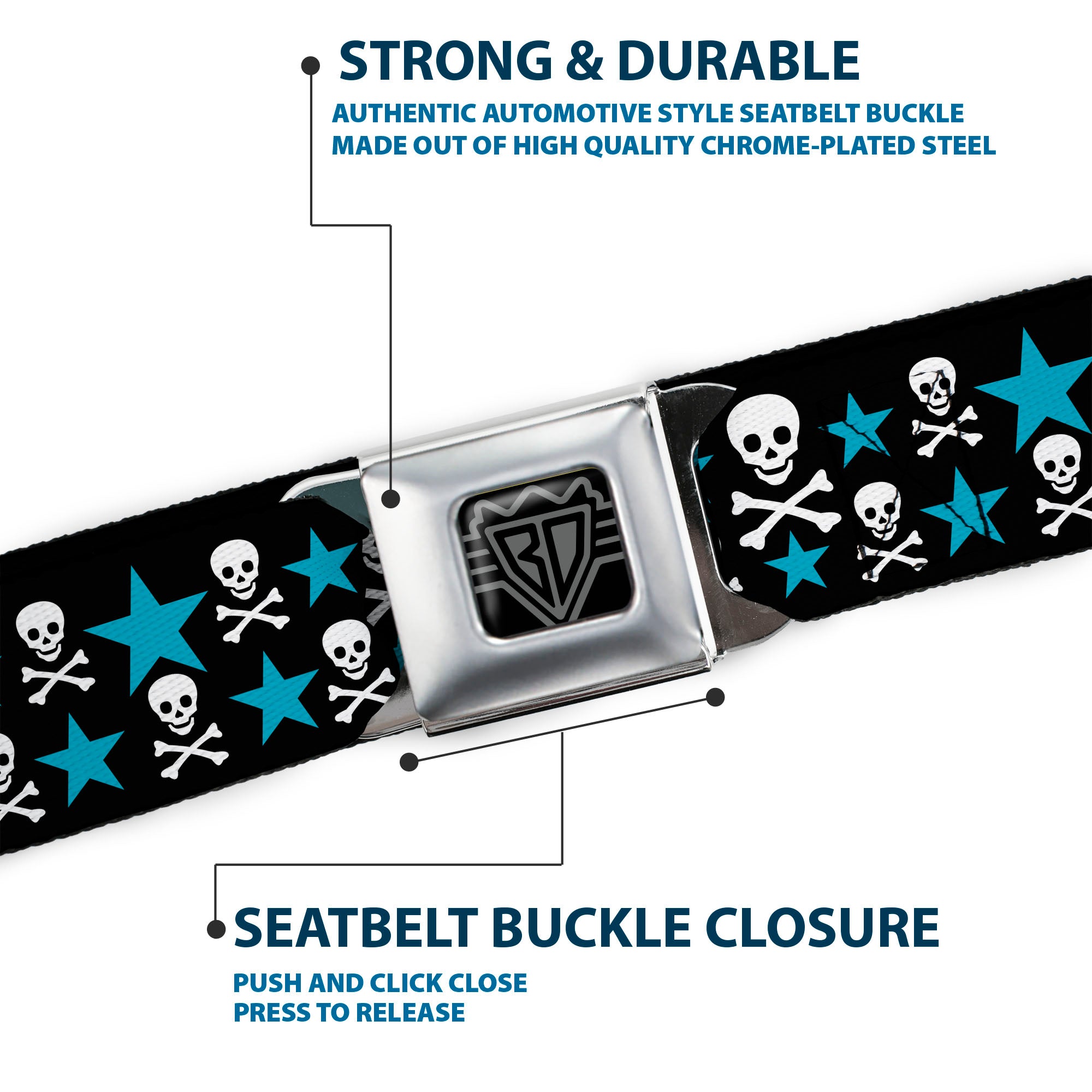 BD Wings Logo CLOSE-UP Full Color Black Silver Seatbelt Belt - Skulls & Stars Black/White/Blue Webbing Seatbelt Belts Buckle-Down