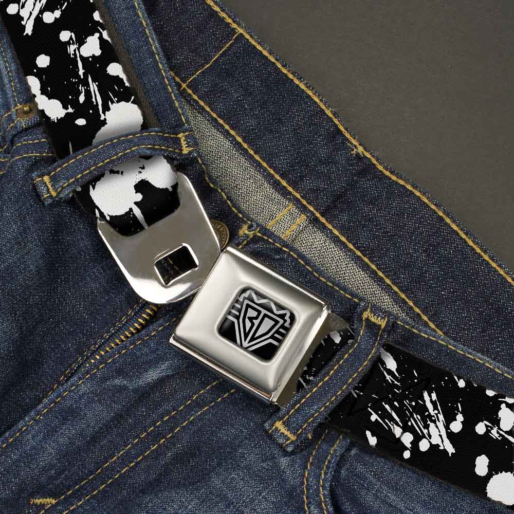 BD Wings Logo CLOSE-UP Full Color Black Silver Seatbelt Belt - Splatter Black/White Webbing Seatbelt Belts Buckle-Down