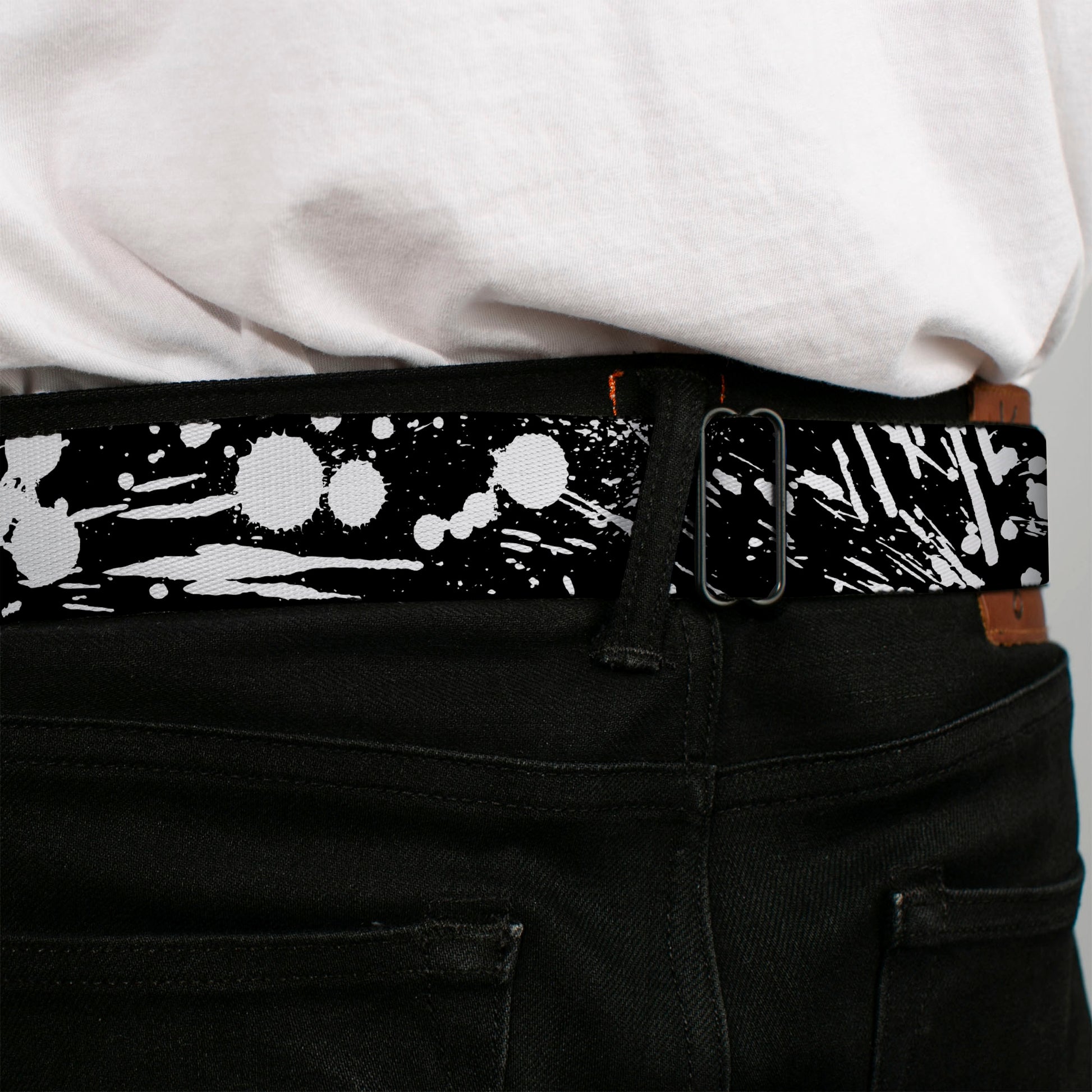 BD Wings Logo CLOSE-UP Full Color Black Silver Seatbelt Belt - Splatter Black/White Webbing Seatbelt Belts Buckle-Down