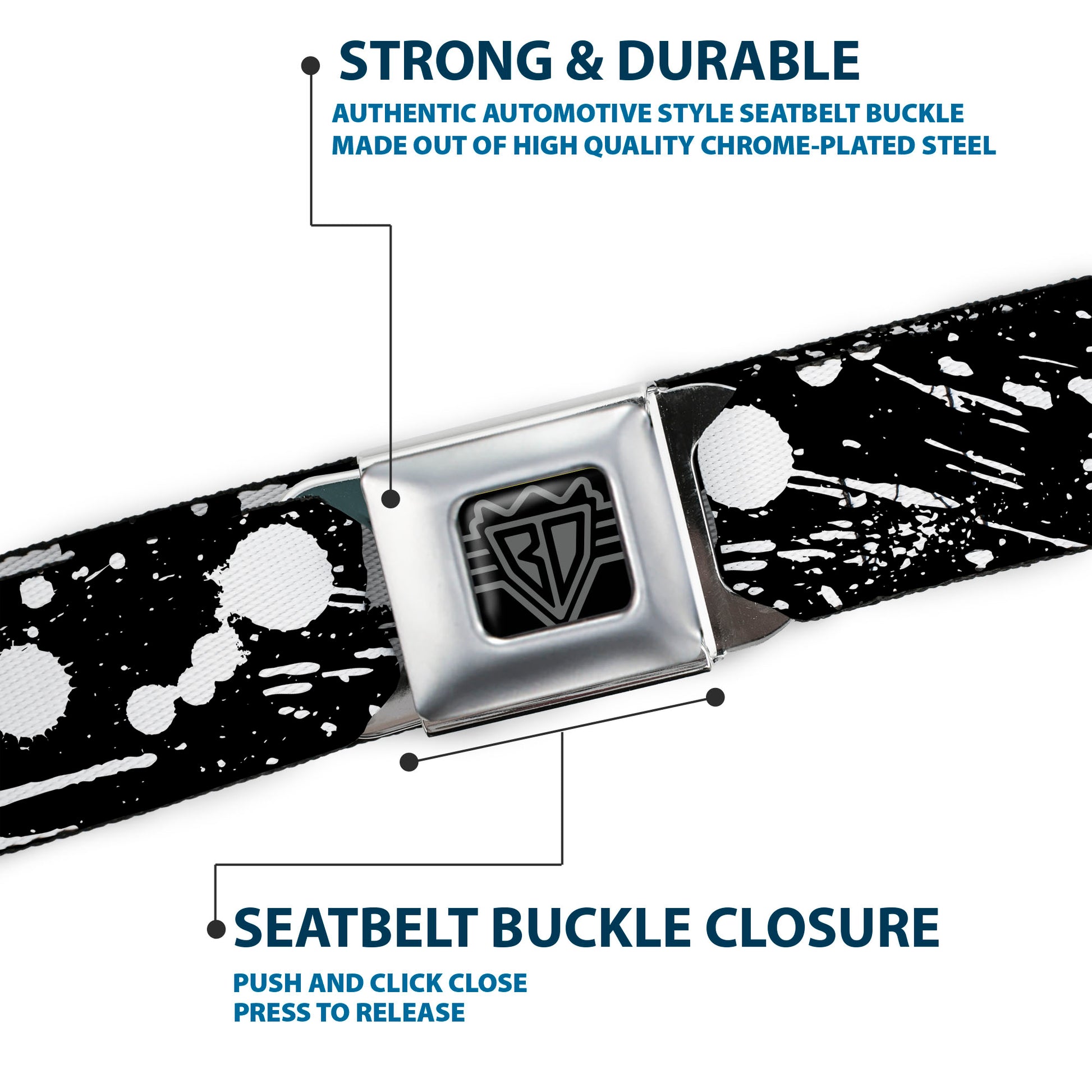 BD Wings Logo CLOSE-UP Full Color Black Silver Seatbelt Belt - Splatter Black/White Webbing Seatbelt Belts Buckle-Down