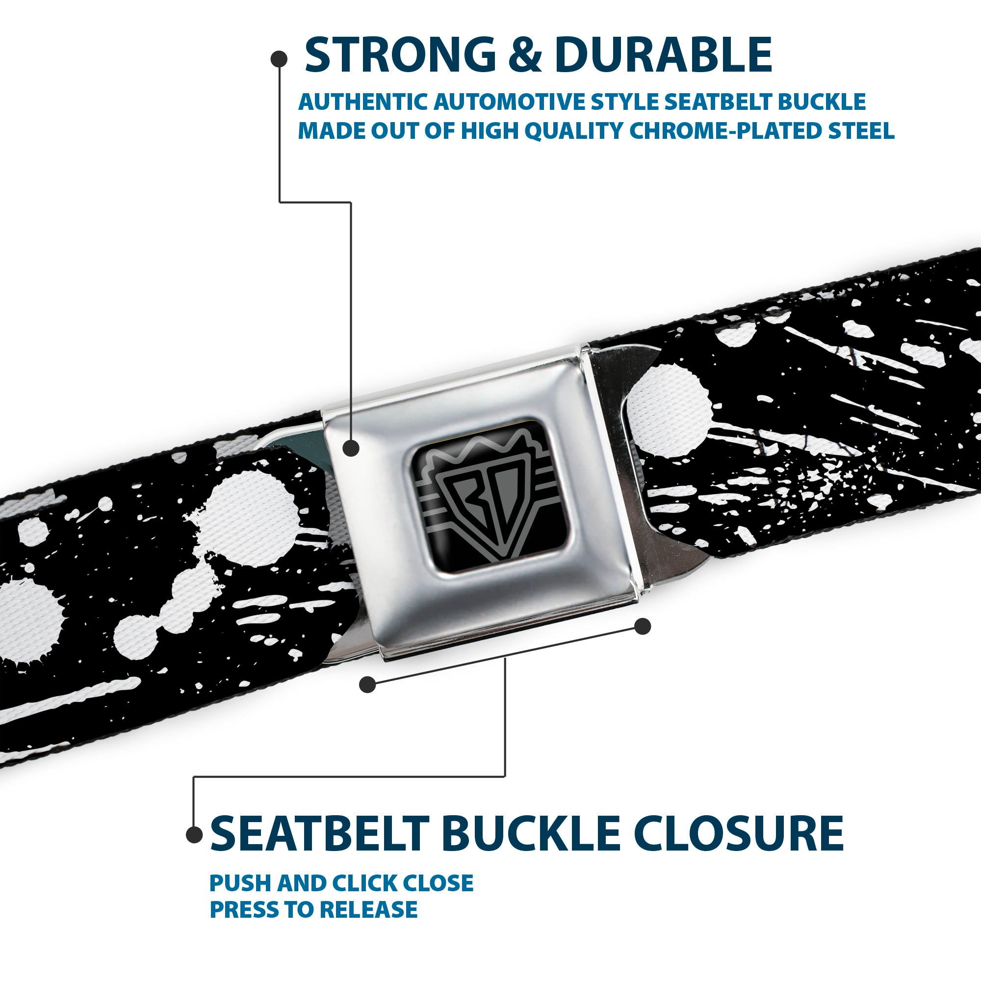BD Wings Logo CLOSE-UP Full Color Black Silver Seatbelt Belt - Splatter Black/White Webbing Seatbelt Belts Buckle-Down