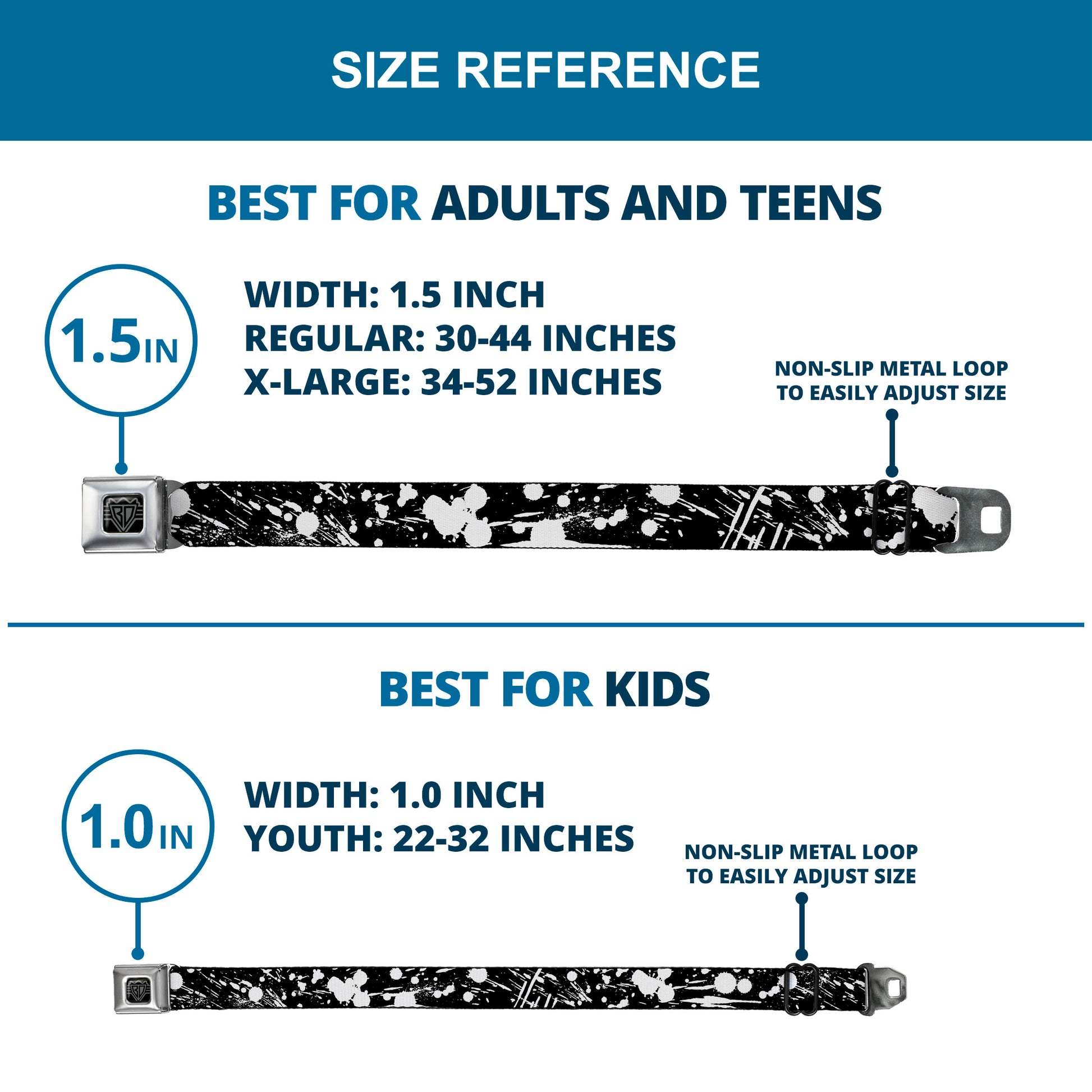 BD Wings Logo CLOSE-UP Full Color Black Silver Seatbelt Belt - Splatter Black/White Webbing Seatbelt Belts Buckle-Down