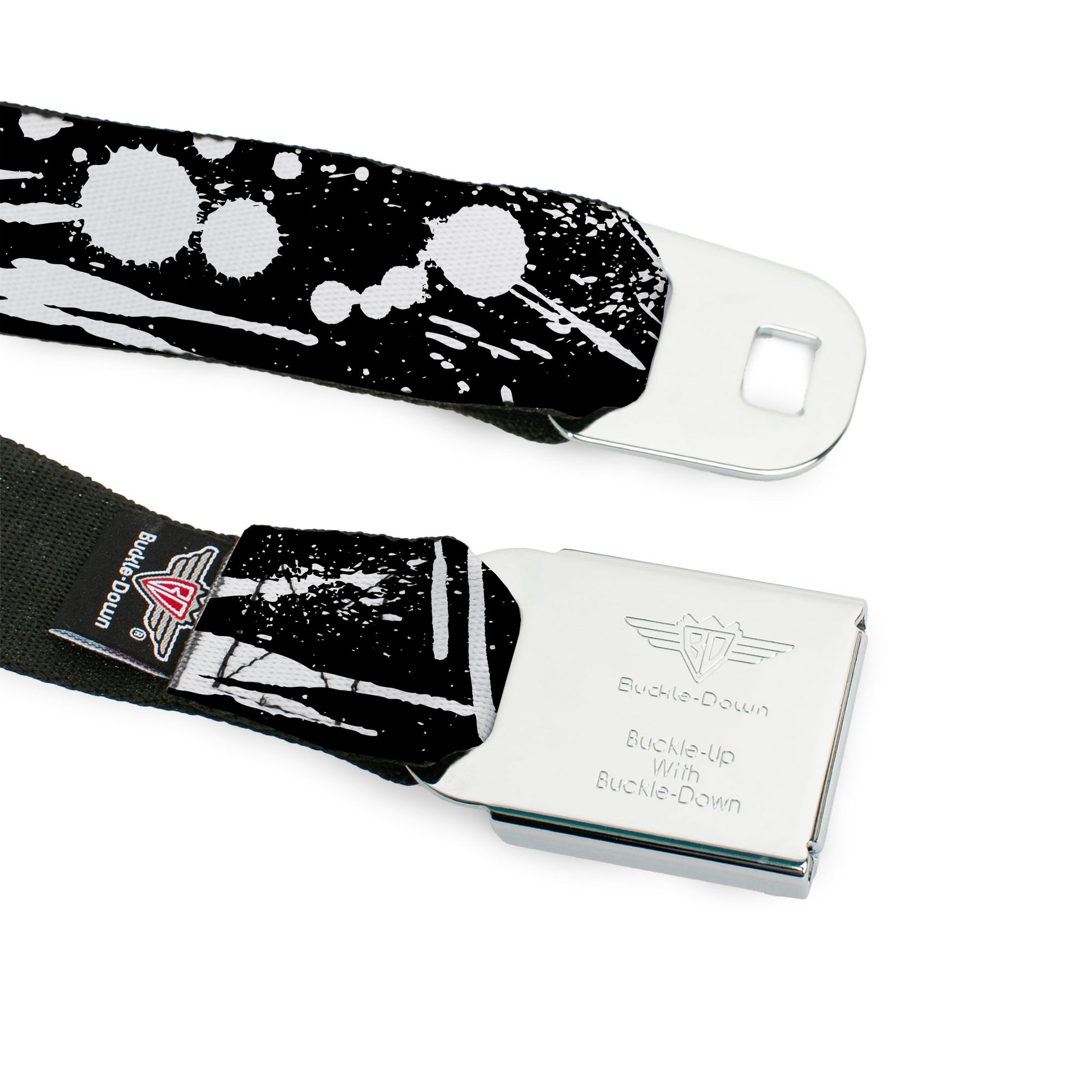 BD Wings Logo CLOSE-UP Full Color Black Silver Seatbelt Belt - Splatter Black/White Webbing Seatbelt Belts Buckle-Down