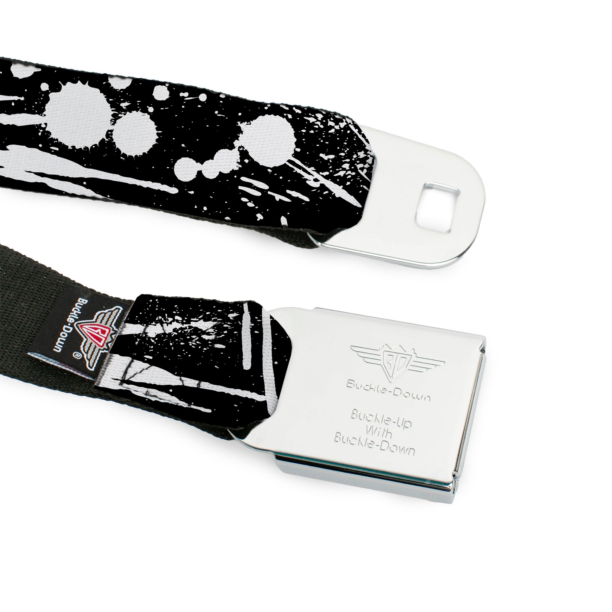 BD Wings Logo CLOSE-UP Full Color Black Silver Seatbelt Belt - Splatter Black/White Webbing Seatbelt Belts Buckle-Down