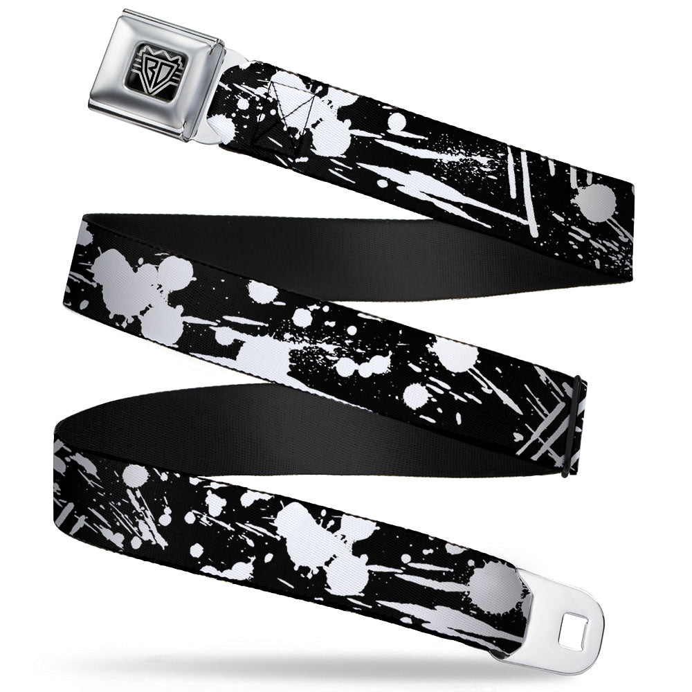 BD Wings Logo CLOSE-UP Full Color Black Silver Seatbelt Belt - Splatter Black/White Webbing Seatbelt Belts Buckle-Down
