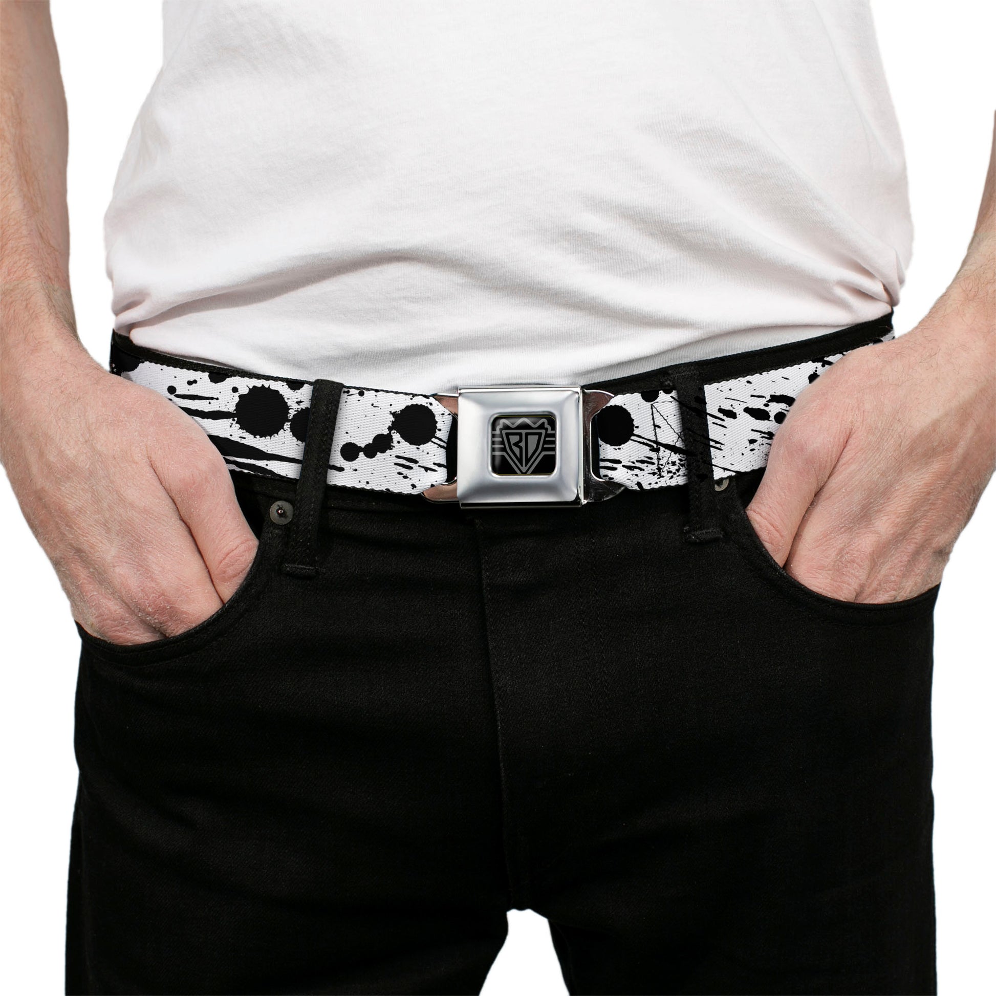 BD Wings Logo CLOSE-UP Full Color Black Silver Seatbelt Belt - Splatter White/Black Webbing Seatbelt Belts Buckle-Down