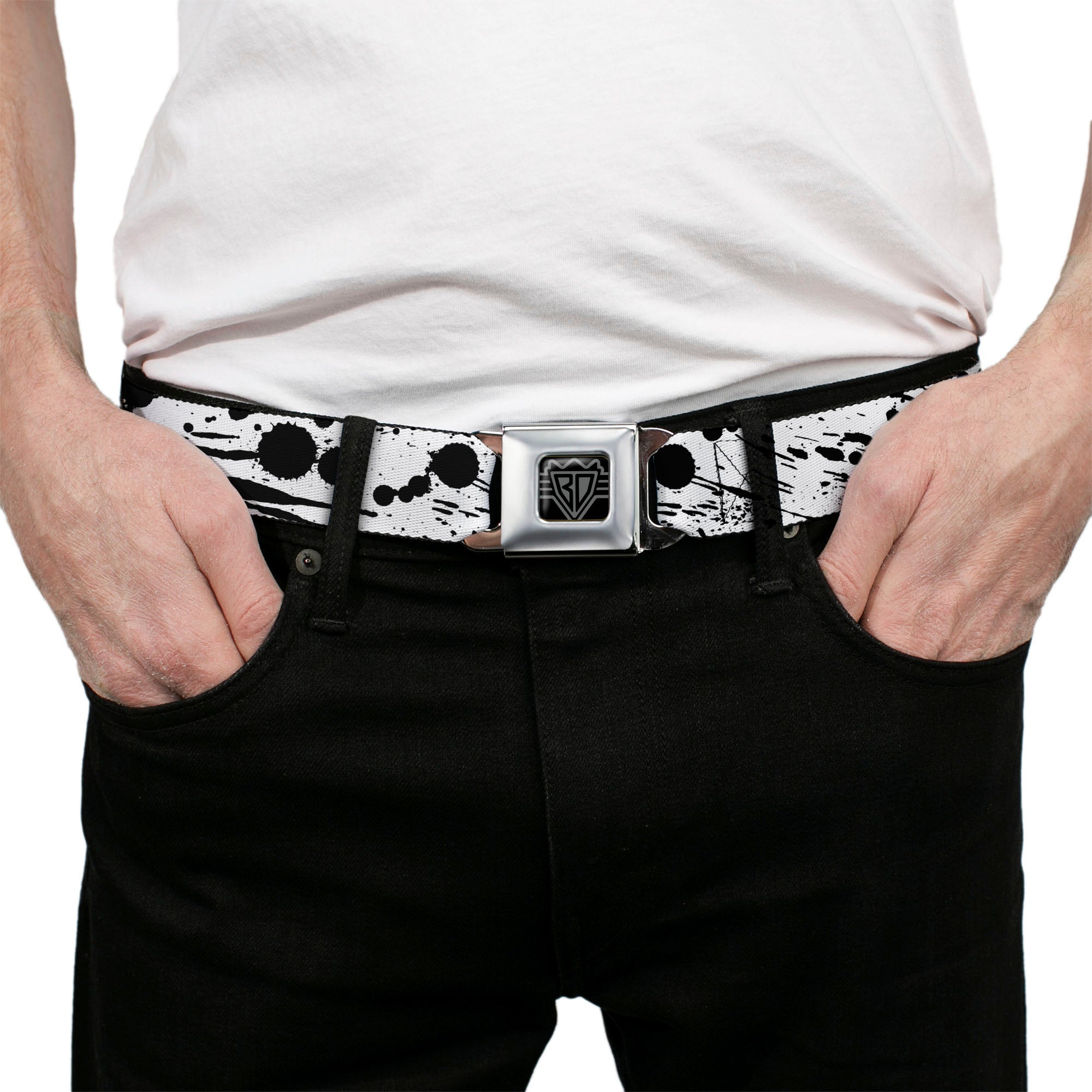 BD Wings Logo CLOSE-UP Full Color Black Silver Seatbelt Belt - Splatter White/Black Webbing Seatbelt Belts Buckle-Down