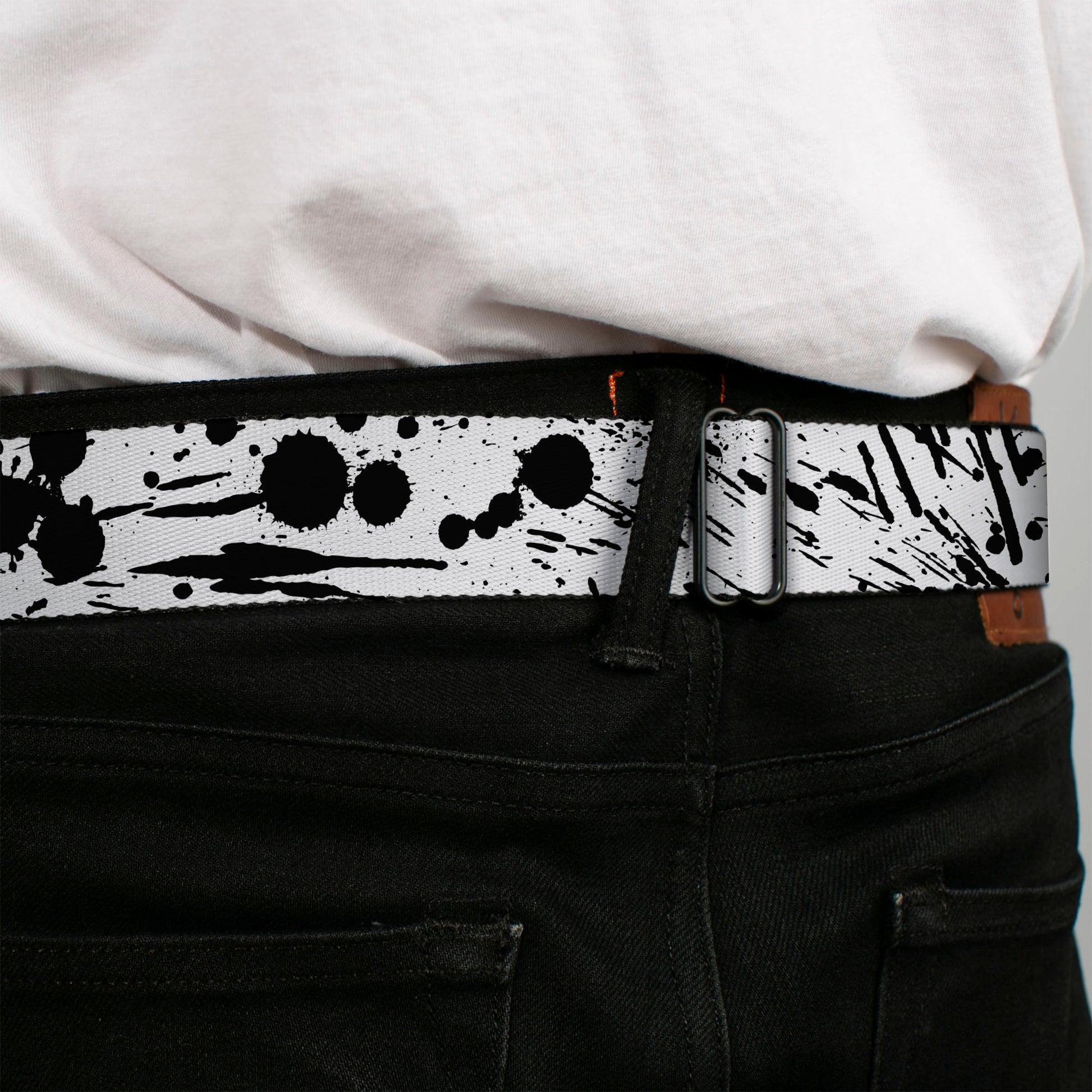 BD Wings Logo CLOSE-UP Full Color Black Silver Seatbelt Belt - Splatter White/Black Webbing Seatbelt Belts Buckle-Down