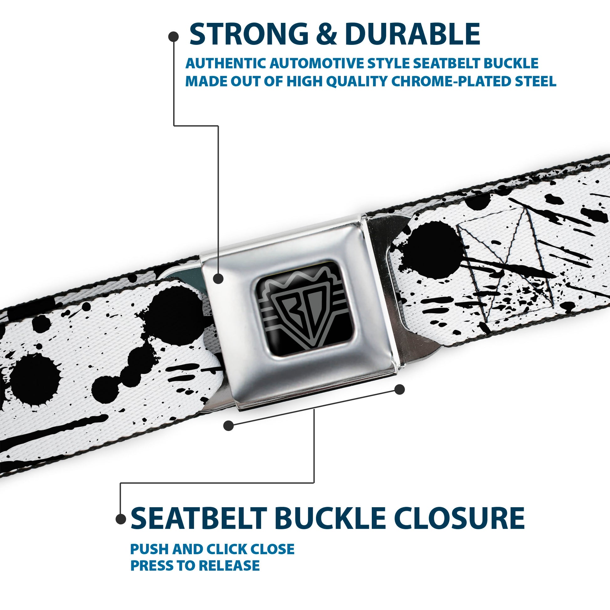 BD Wings Logo CLOSE-UP Full Color Black Silver Seatbelt Belt - Splatter White/Black Webbing Seatbelt Belts Buckle-Down