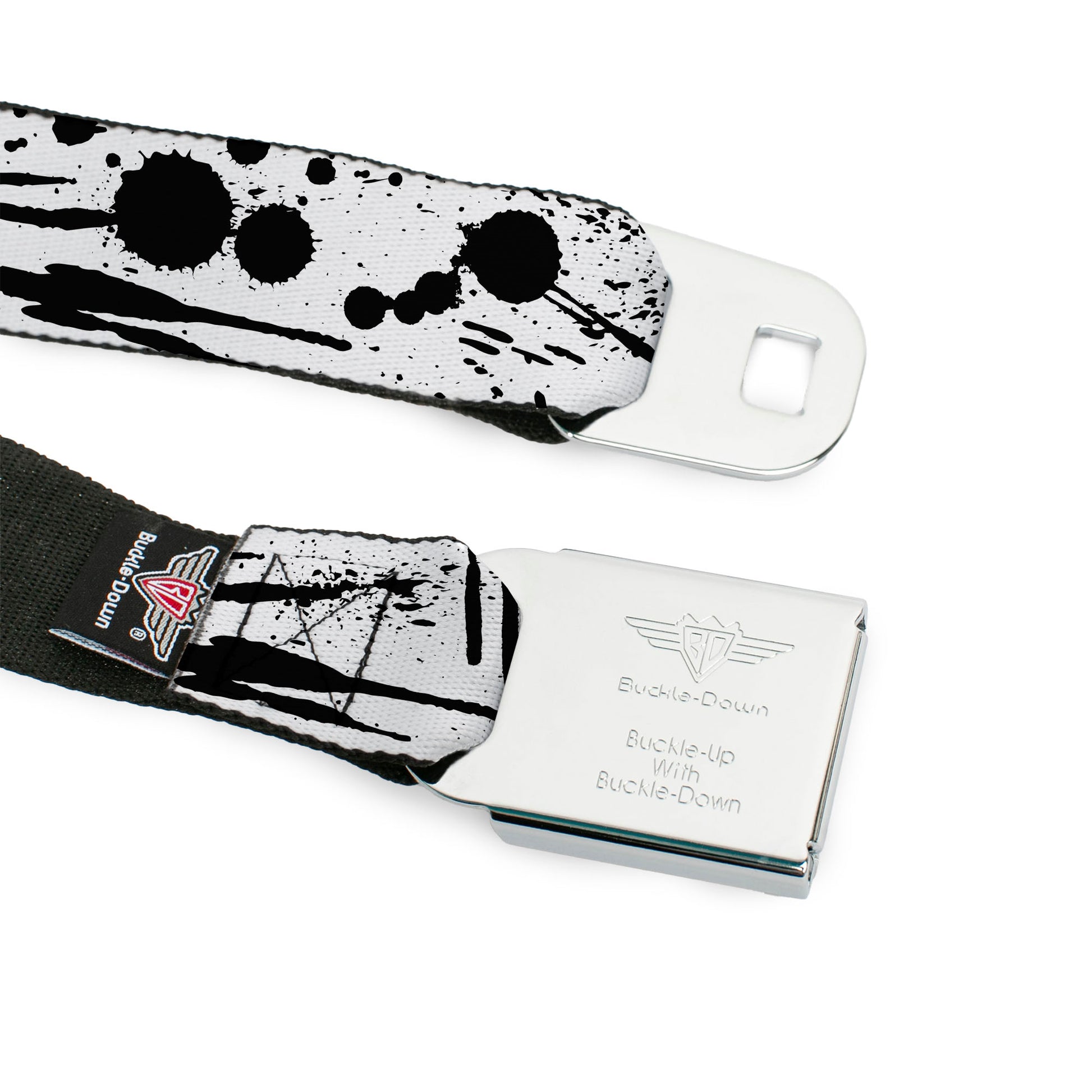 BD Wings Logo CLOSE-UP Full Color Black Silver Seatbelt Belt - Splatter White/Black Webbing Seatbelt Belts Buckle-Down