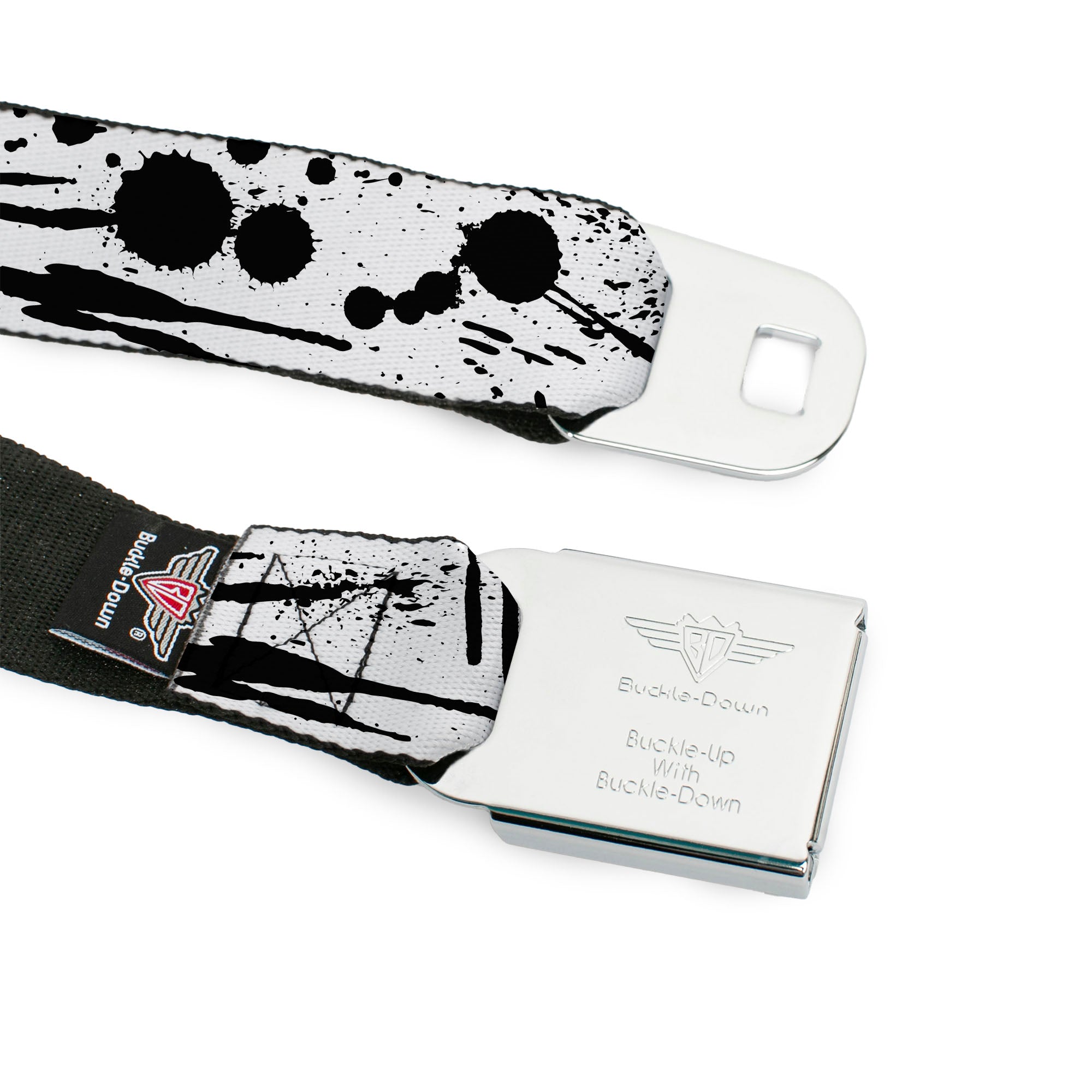 BD Wings Logo CLOSE-UP Full Color Black Silver Seatbelt Belt - Splatter White/Black Webbing Seatbelt Belts Buckle-Down