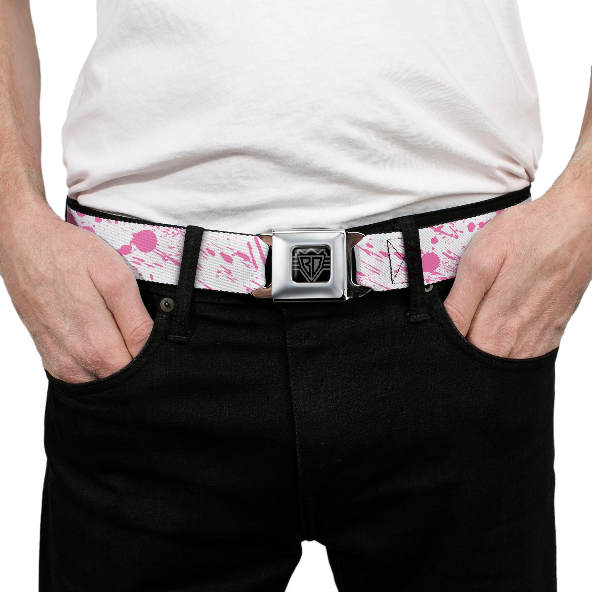 BD Wings Logo CLOSE-UP Full Color Black Silver Seatbelt Belt - Splatter White/Pink Webbing Seatbelt Belts Buckle-Down