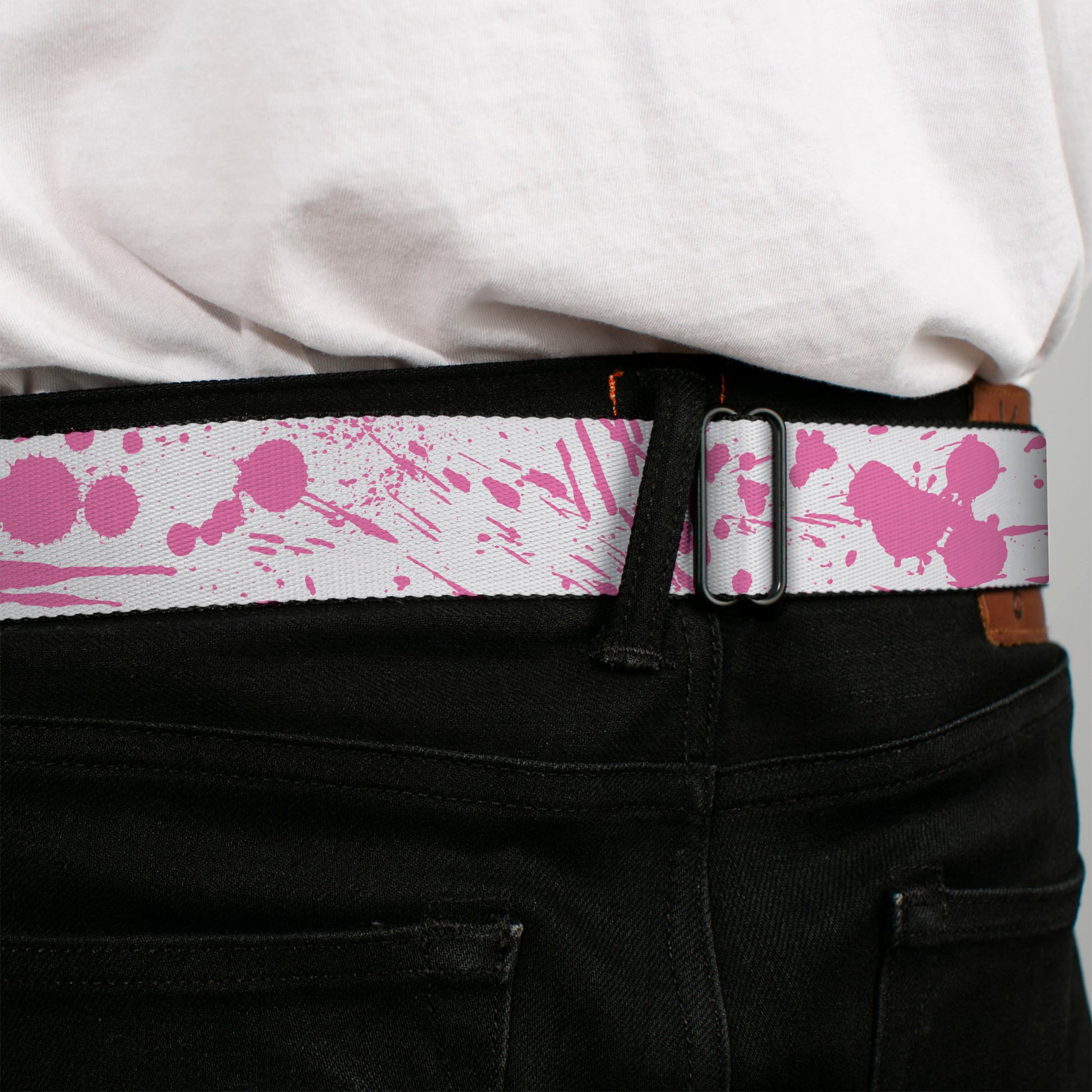 BD Wings Logo CLOSE-UP Full Color Black Silver Seatbelt Belt - Splatter White/Pink Webbing Seatbelt Belts Buckle-Down