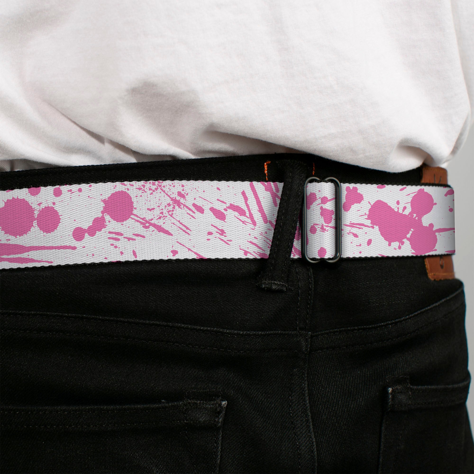 BD Wings Logo CLOSE-UP Full Color Black Silver Seatbelt Belt - Splatter White/Pink Webbing Seatbelt Belts Buckle-Down