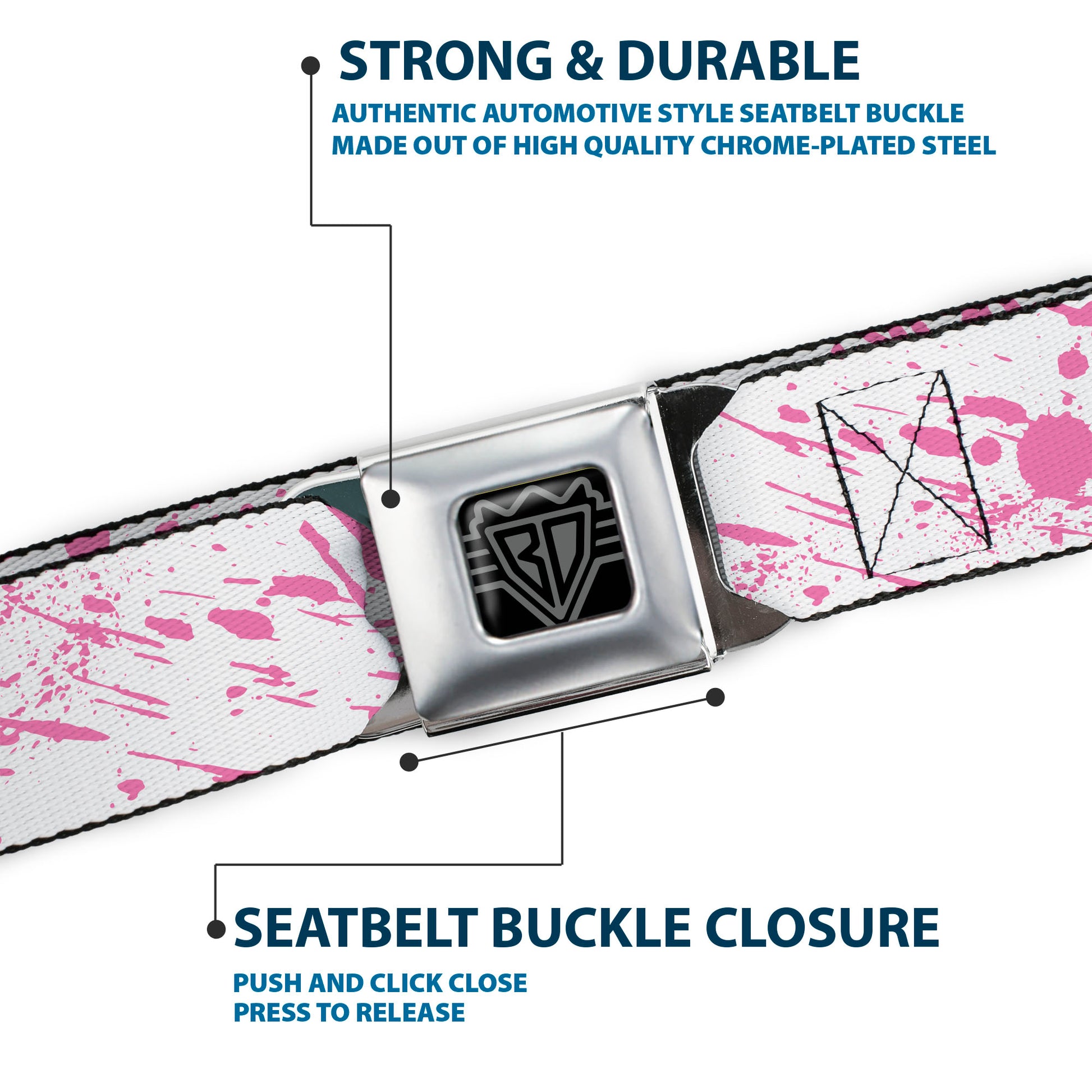 BD Wings Logo CLOSE-UP Full Color Black Silver Seatbelt Belt - Splatter White/Pink Webbing Seatbelt Belts Buckle-Down